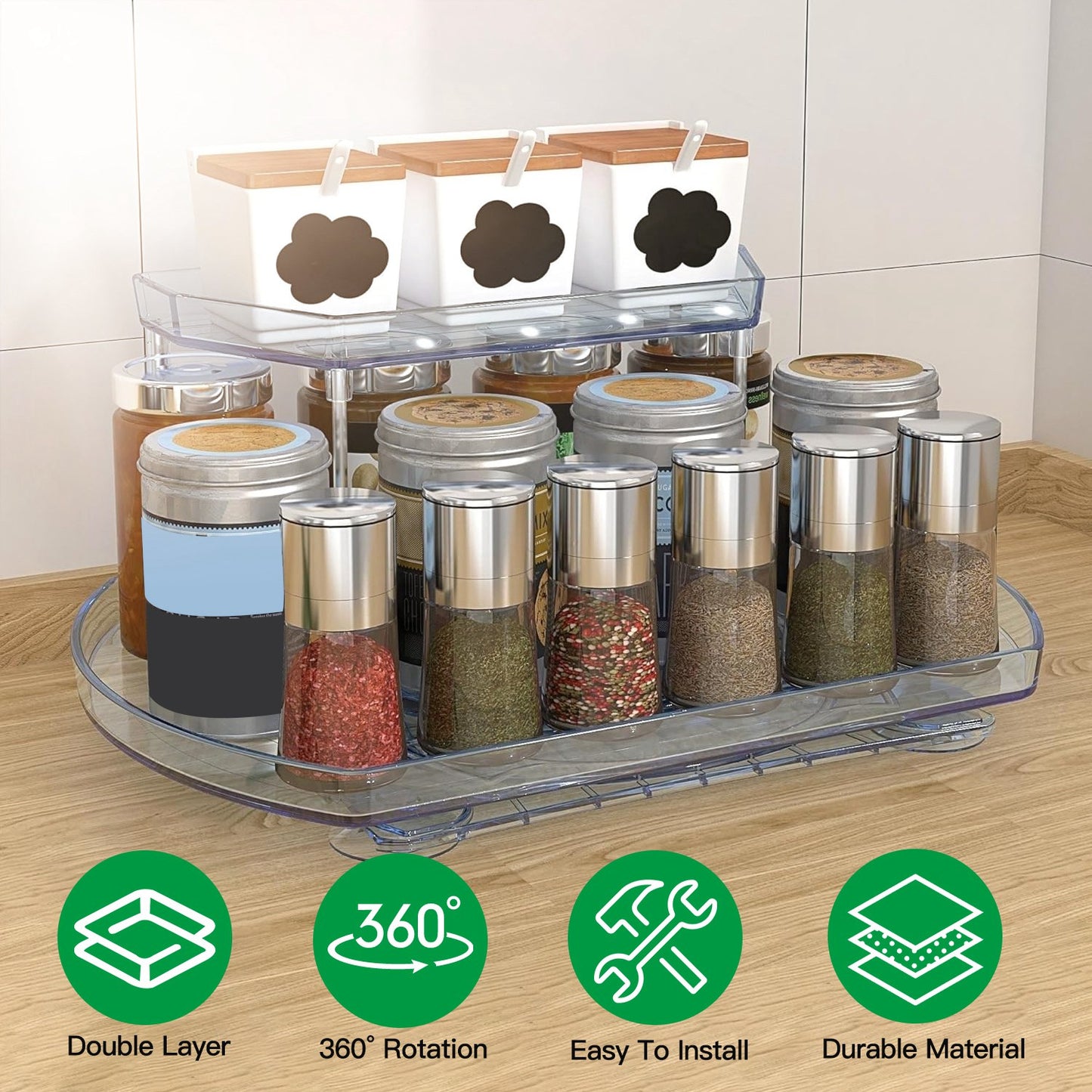 2 Tier Turntable Organizer Rectangular Refrigerator Spinner Storage Rack with 360¡ Rotatable Slide Rail for Kitchen Cabinet Countertop