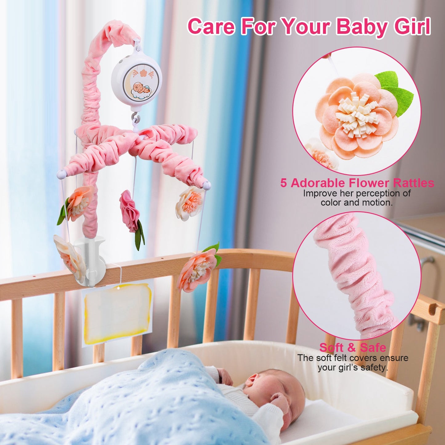 Musical Crib Mobile for Girls Baby Musical Crib Bed Bell Nursery Mobile with 12 Melodies 5 Flower Rattles 3 Modes Volume Adjustment Newborn Gift