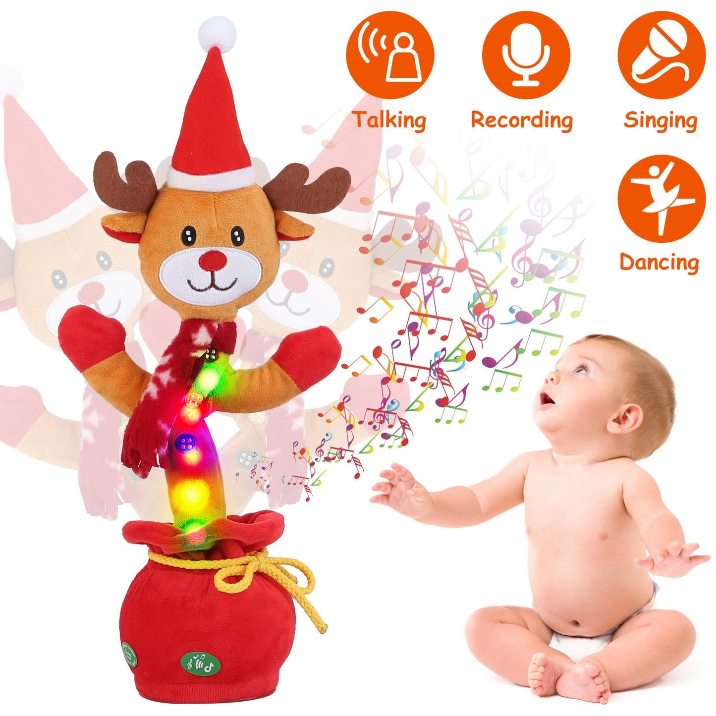Kid Electric Dance Toy Christmas Elk Snowman Senior Penguin Plush Toy Interactive Sing Song Whirling Mimicking Recording Light up Toy