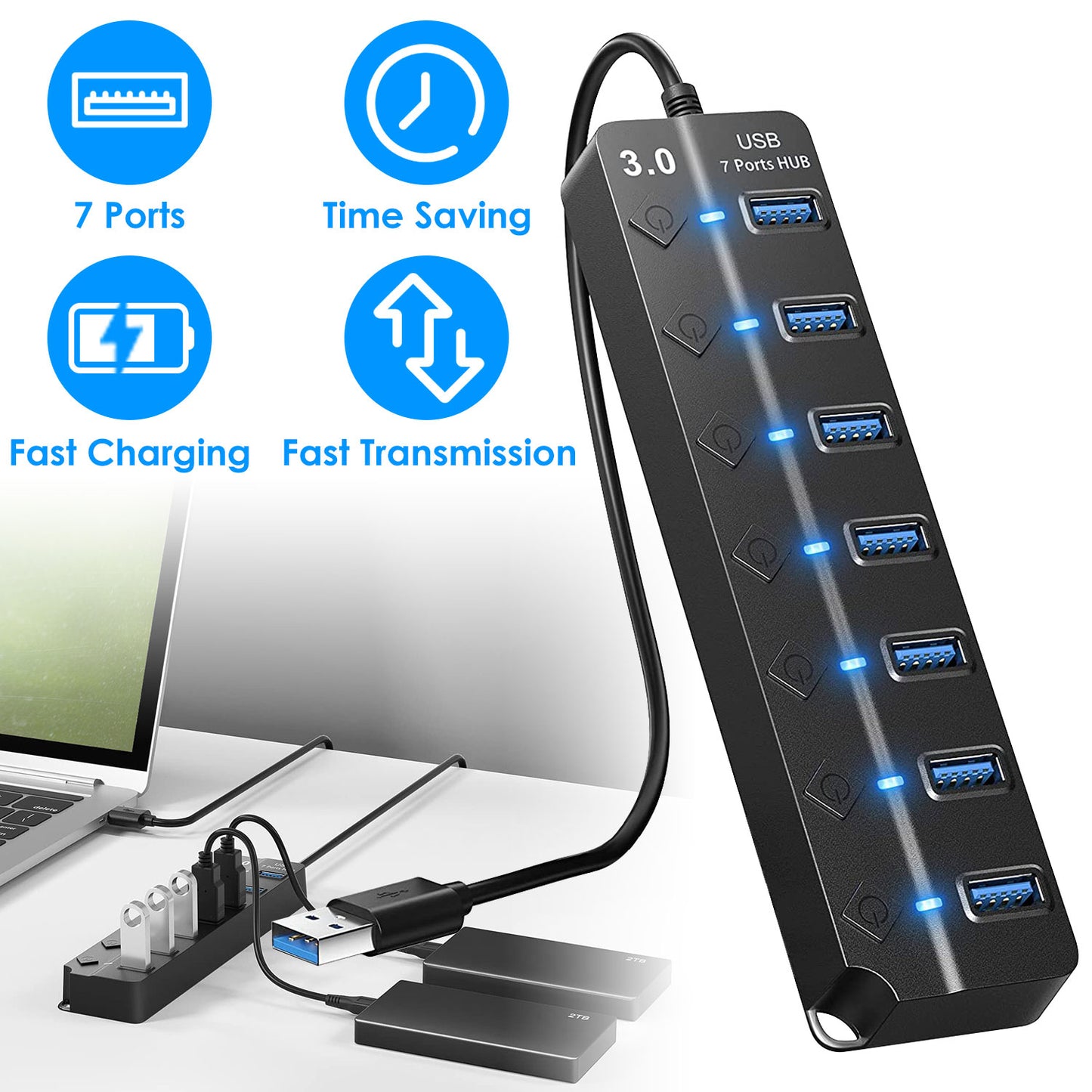 USB3.0 Hub Splitter 7Ports High Speed 5Gbps USB Data Expander with Separate ON OFF Switch for PC Computer