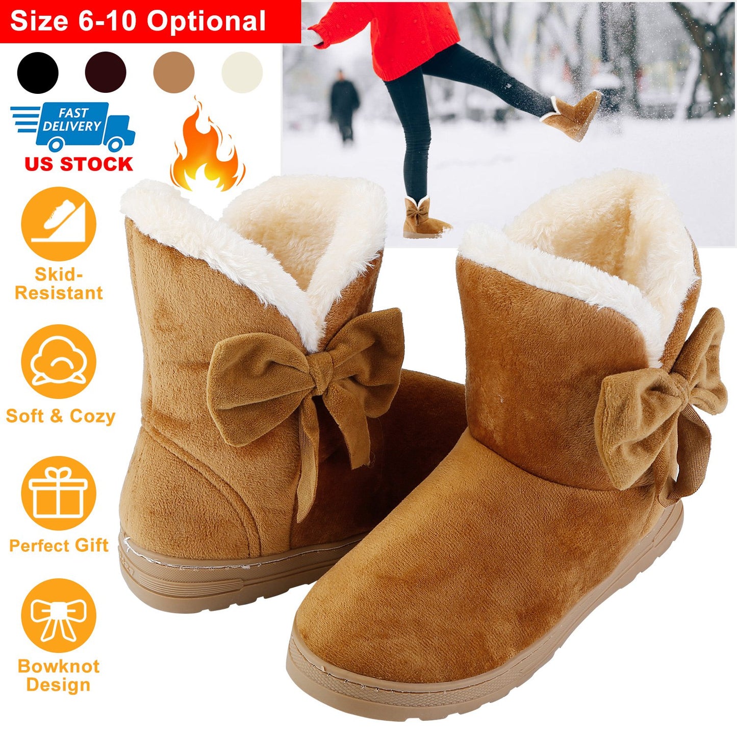 Women Ladies Snow Boots Super Soft Fabric Mid-Calf Winter Shoes Thickened Plush Warm Lining Shoes w/ Anti-slip Rubber Base Bowknot