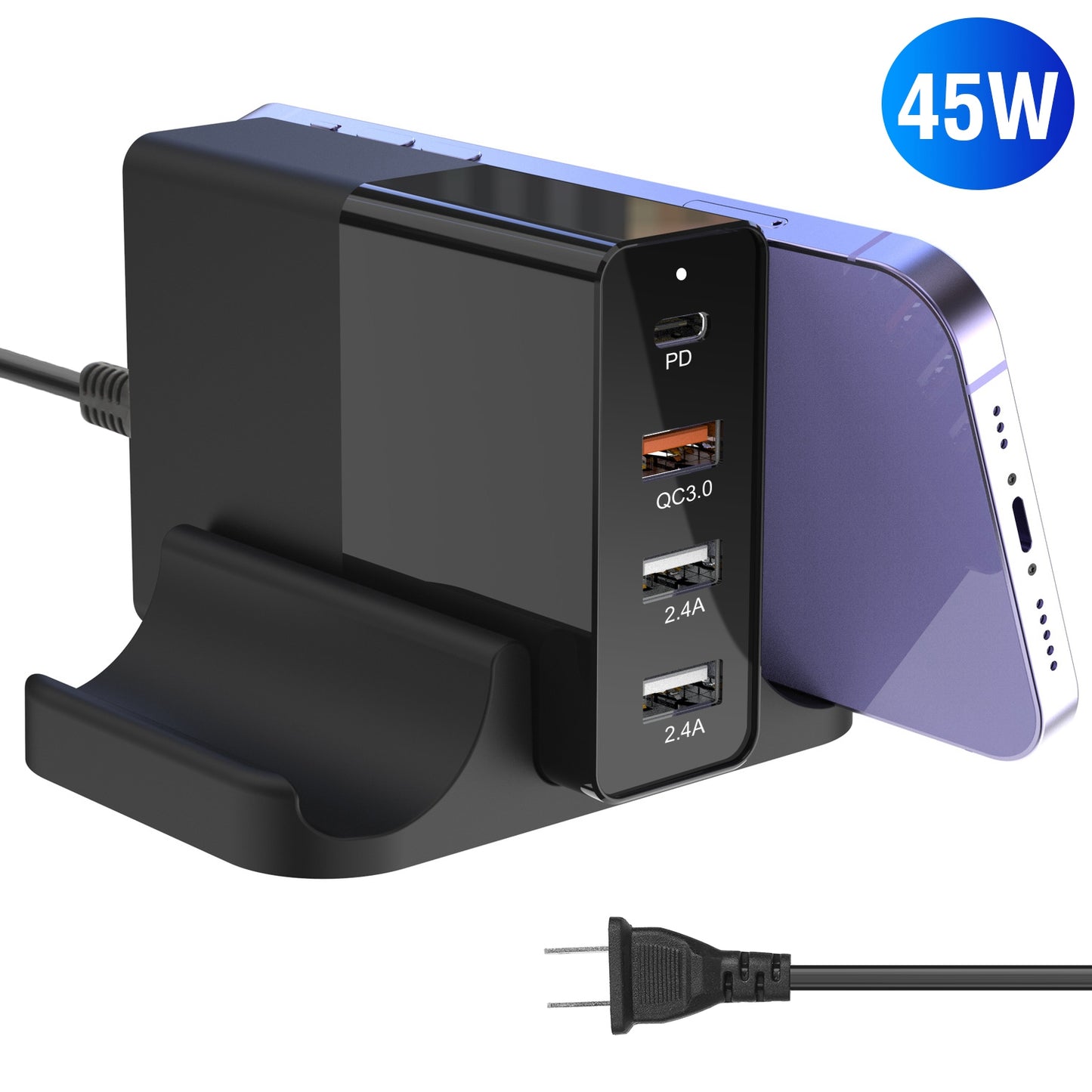 USB Fast Charger 45W 4-Port Fast Charging Station Type-C Wall Charger PD Adapter with 1 Type-C Port 3 USB-A Ports Fit for IOS Phone 13/iPad/Galaxy/Lap