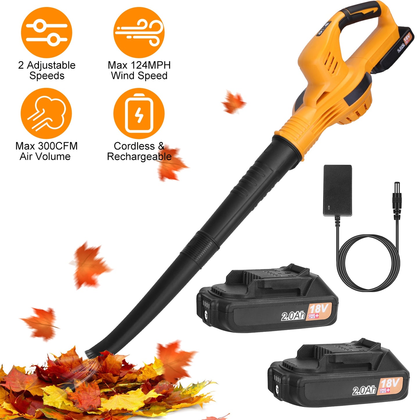 Cordless Leaf Blower Handheld Electric Battery Powered Air BlowerÊMax 124MPH 300CFM with 2 Adjustable Speeds 2Pcs 18V 2000mA Battery and Charger for Y