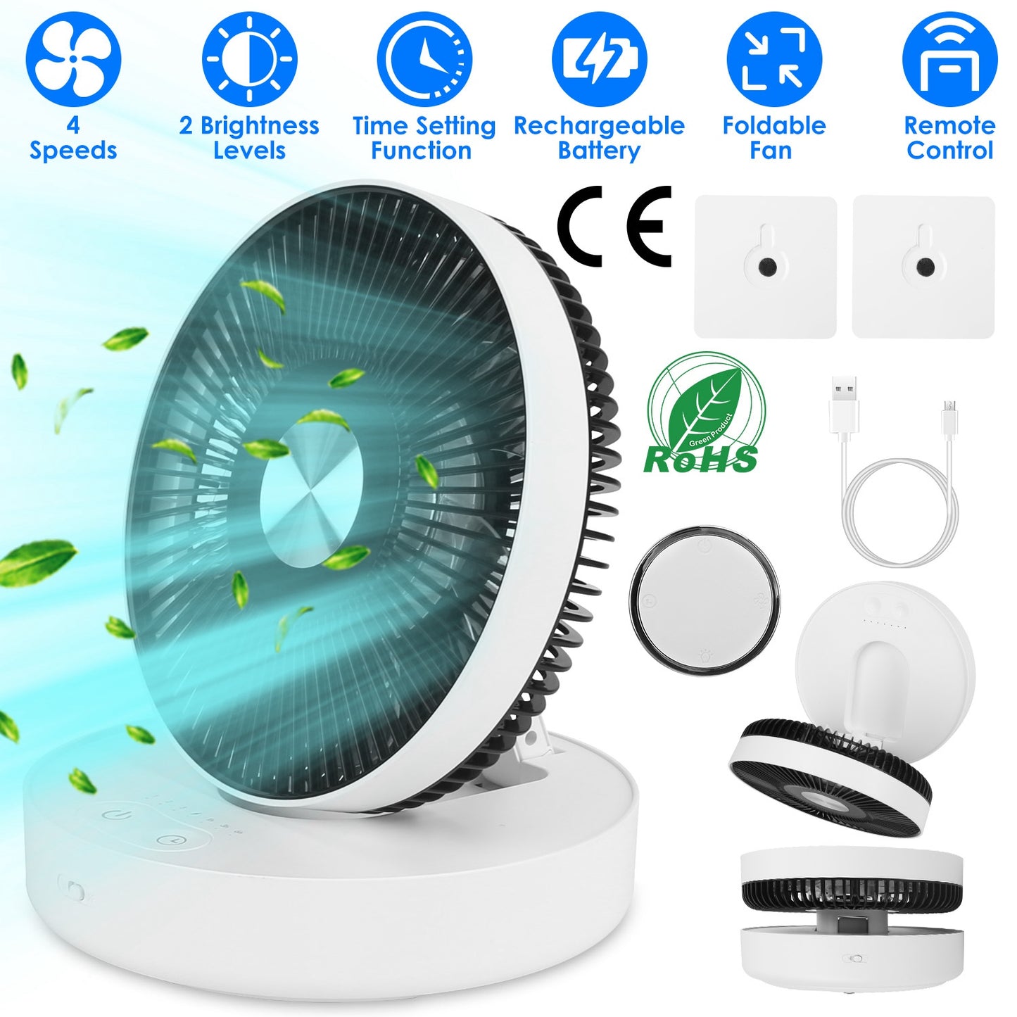 Foldable Rechargeable LED Desk Fan Wall Mounted Fan with Magnetic Remote Hanging Oscillating Fan with 4 Speeds 2 Brightness Time Setting Automatic Rot