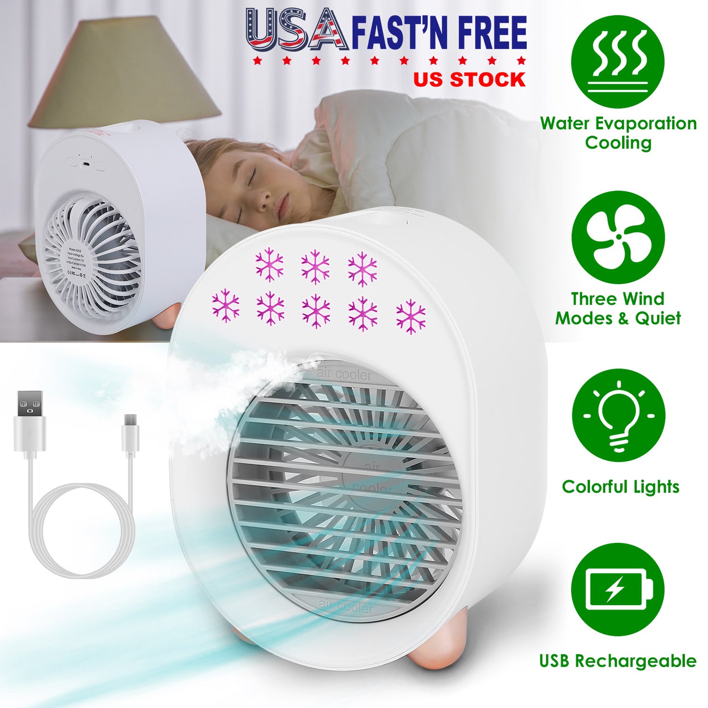 4 In 1 Portable Mini Desktop Air Conditioner Fan Water Mist Cooling Fan USB Rechargeable Humidifier Fan Evaporative Air Cooler 3 Wind Modes Colorful L