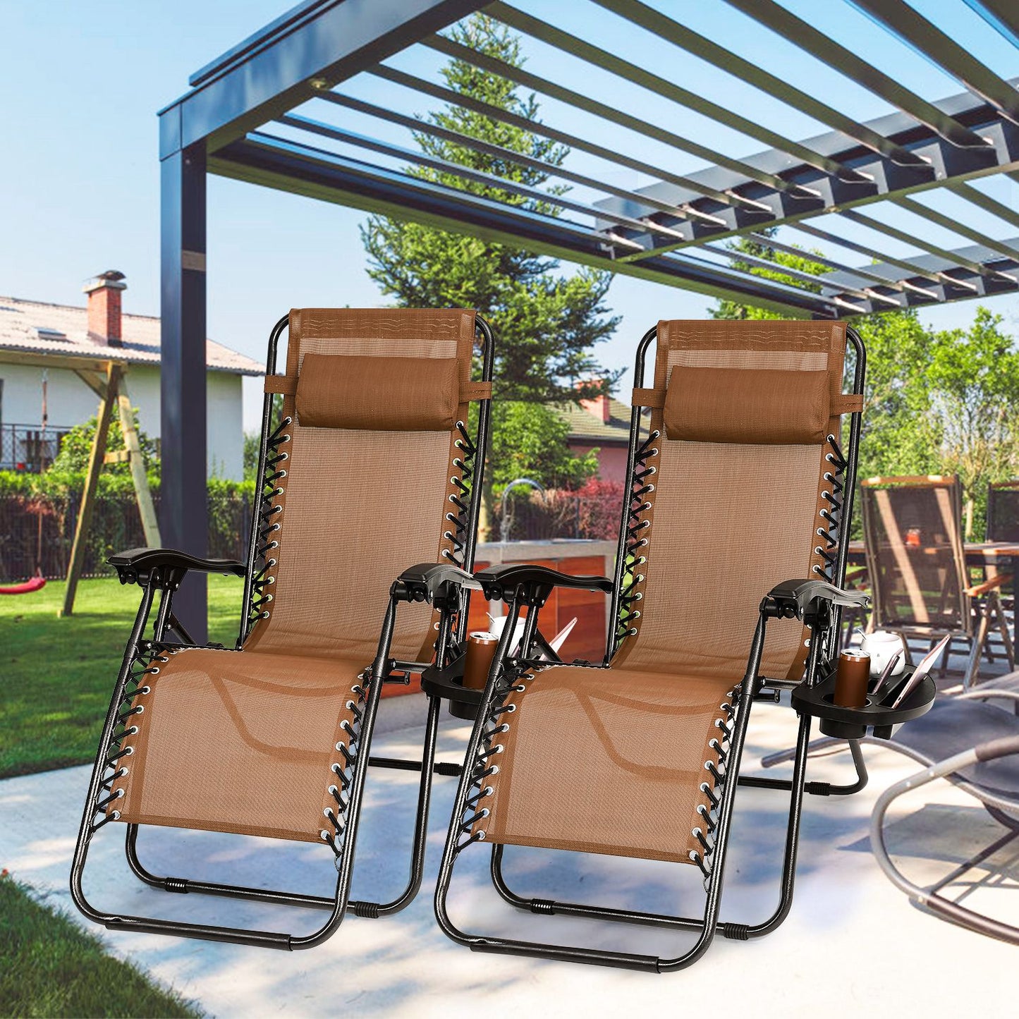 2Packs Zero Gravity Lounge Chair w/ Dual Side Tray 330lbs Load Foldable Recliner Chair w/ Stress Relief Pillow Patio Poolside Beach Lying Chair