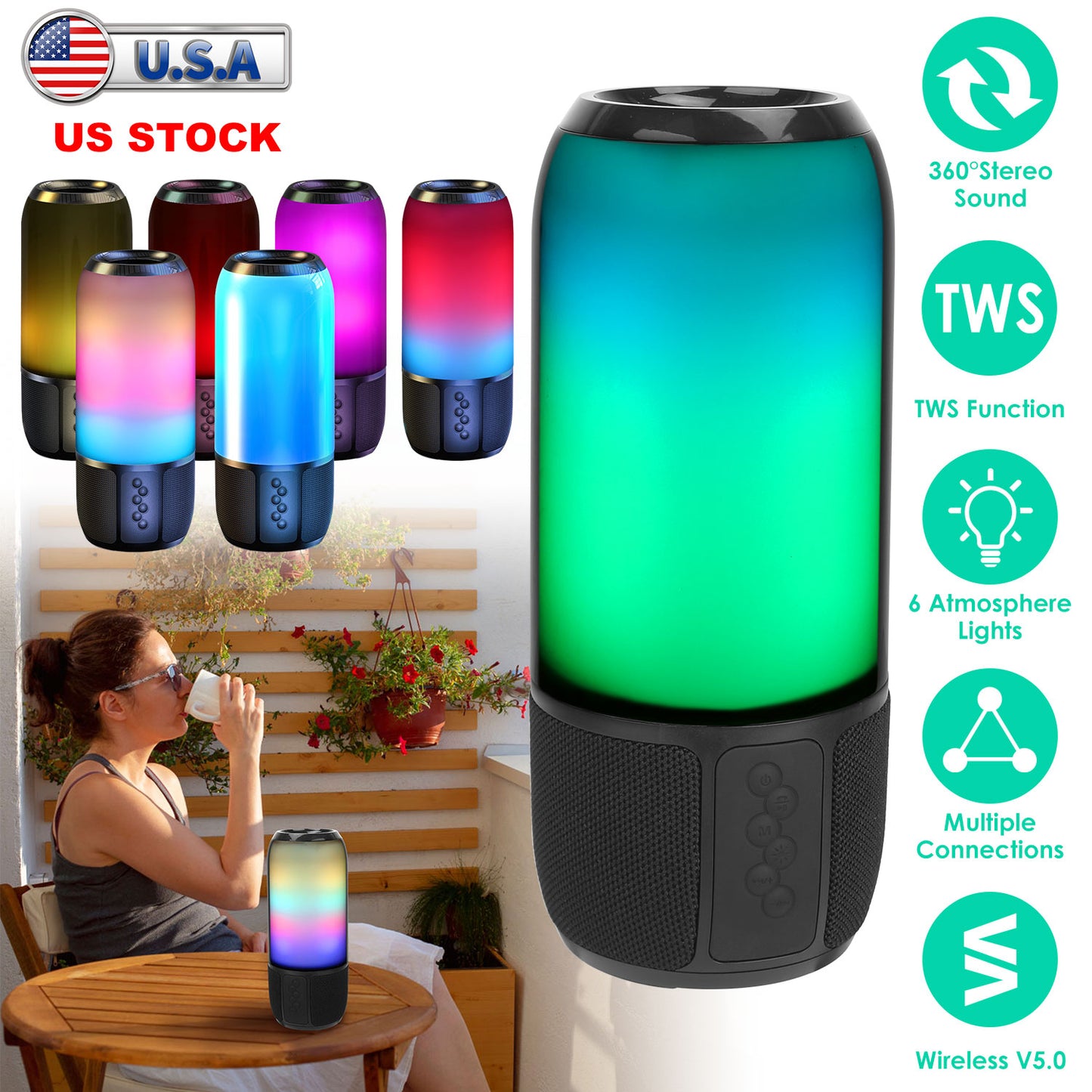 Wireless Portable Speaker Loud Stereo Speaker with 6 Color Changing Lights Radio Party TWS Speaker for Home Outdoor Travelling