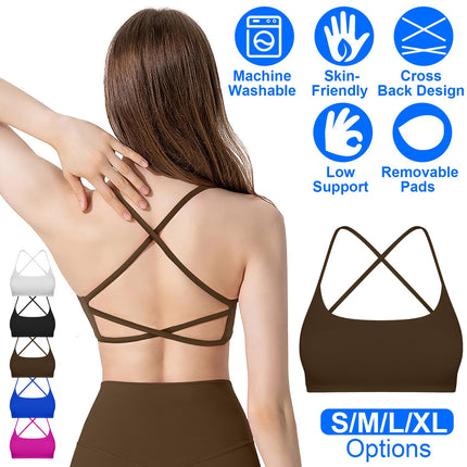 Women Cross Back Sport Bras Padded Strappy Crop Open Back Low Impact Bras Sexy Fitness Tank Tops with Removable Pads Thin Straps for Gym Yoga Workout