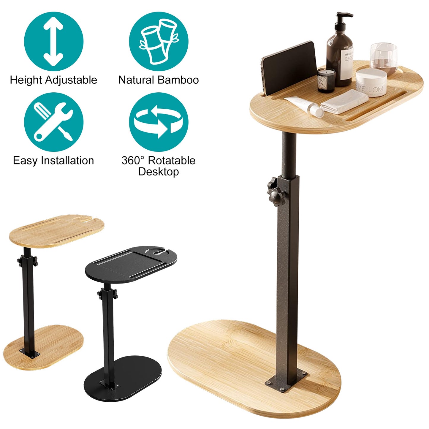C-Shaped Bathtub Tray Table With Adjustable Height 360¡ Rotatable Desktop Freestanding Bath Caddy Against Wall Couch Bed Sofa Side Table