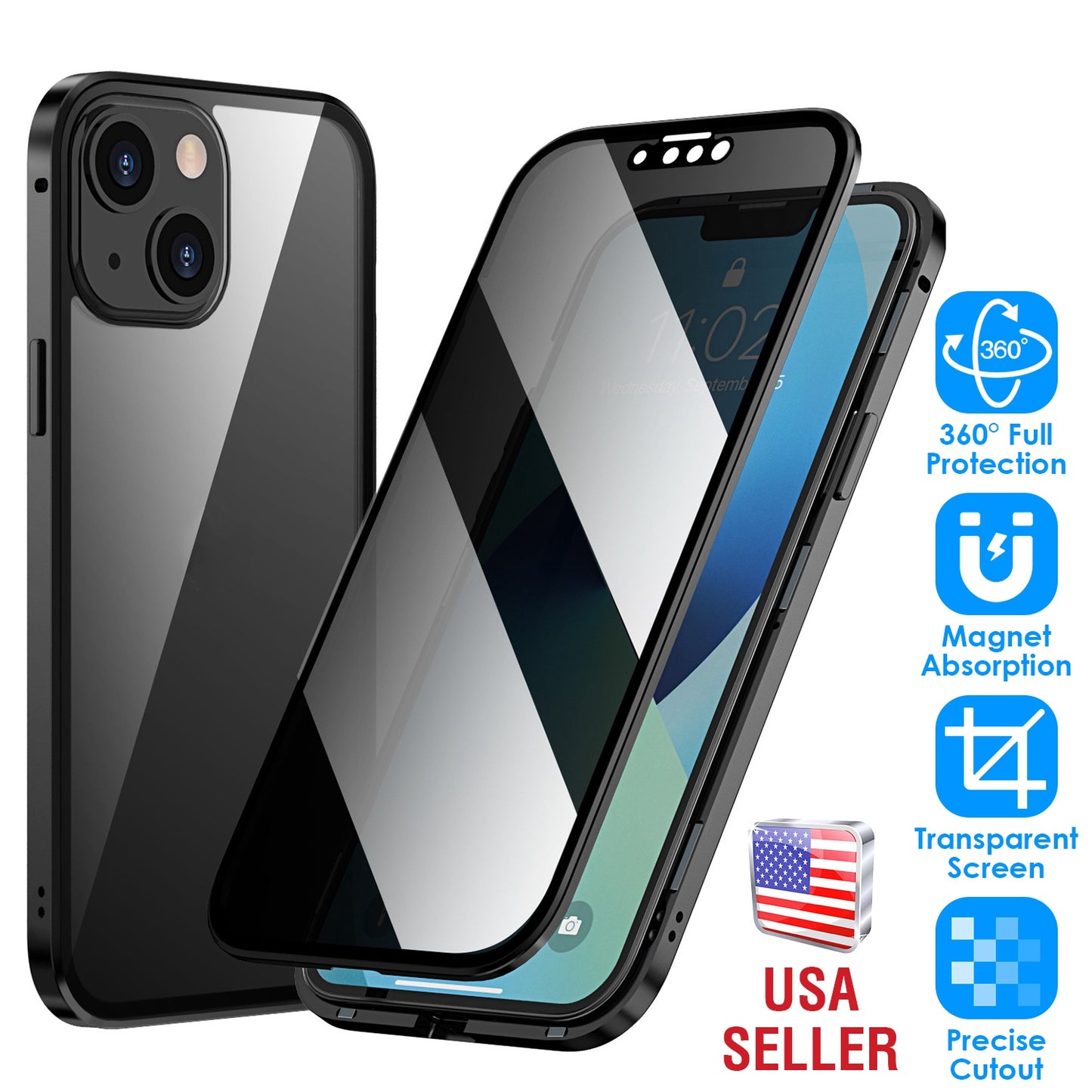 Privacy Magnetic Phone Case 360¡ Full Protection Anti Spy Phone Cover Double Sided Tempered Glass Magnet Absorption Fit for IOS Phone 13 Pro