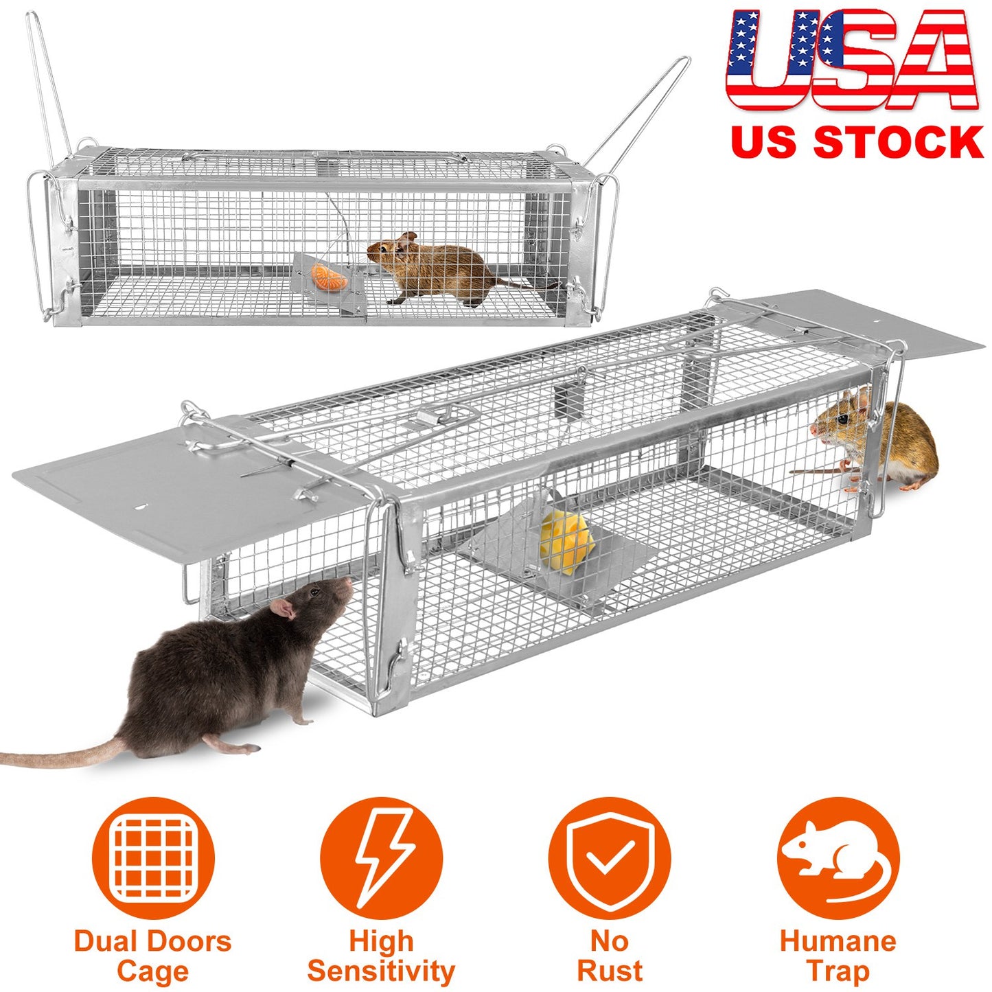 Dual Door Rat Trap Cage Humane Live Rodent Dense Mesh Trap Cage Zinc Electroplating Mice Mouse Control Bait Catch with 2 Detachable U Shaped Rod