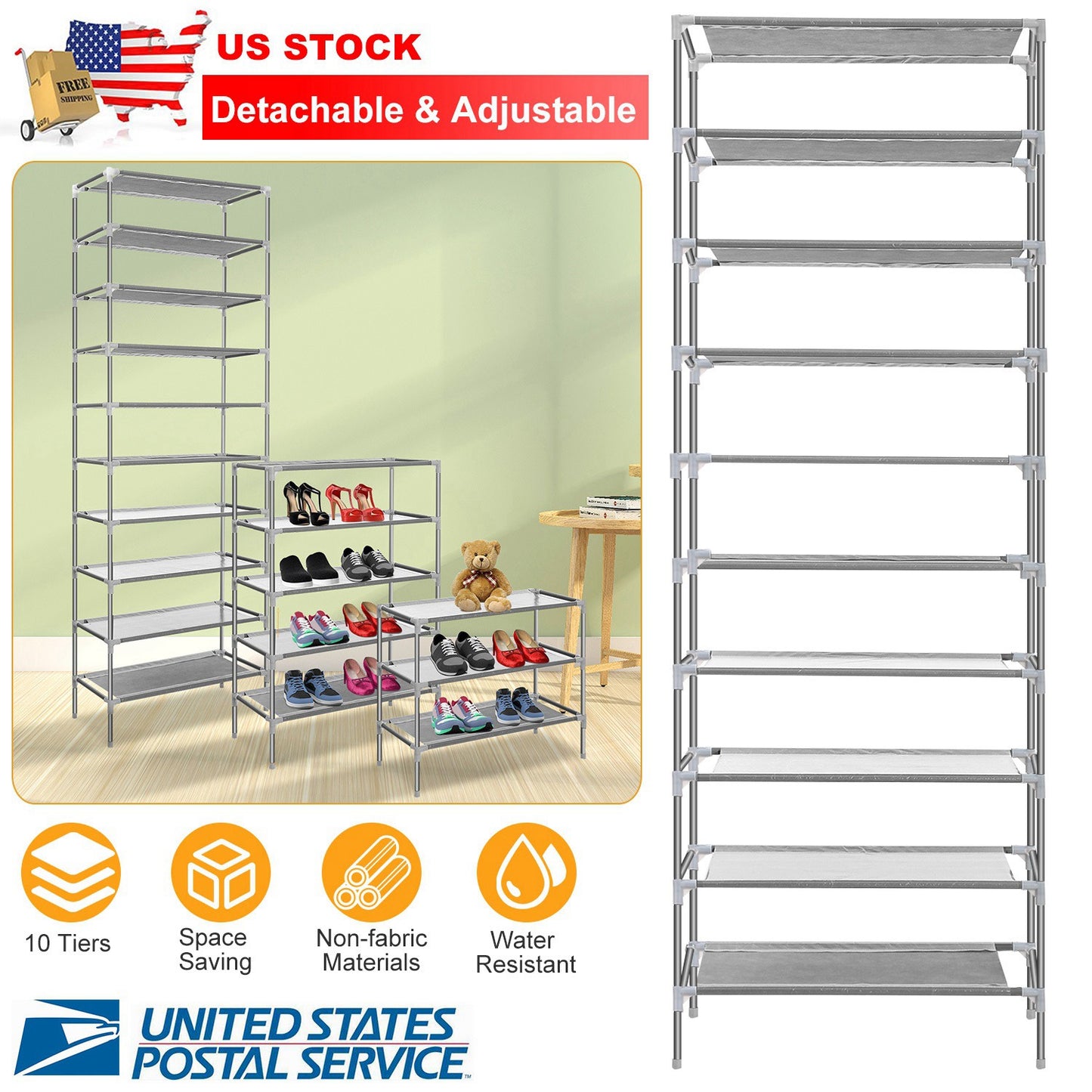10 Tiers Shoes Rack Shelves 27 Pairs Shoes Storage Organizer Stand Non-Woven Fabric Detachable Shoes Tower Stackable Shoes Storage Rack for Entryway