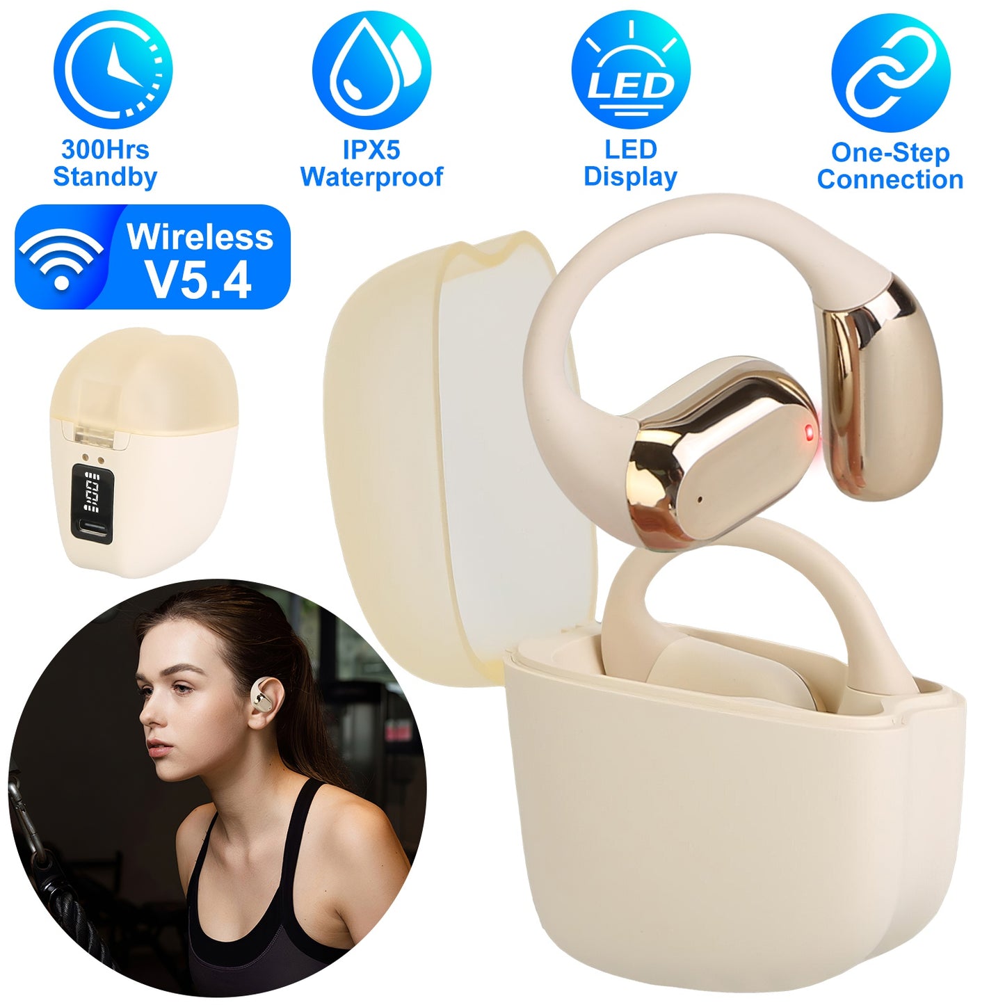 Wireless V5.4 Open Ear Earbuds with Earhook LED Display Charging Case IPX5 Waterproof 300Hrs Standby Time Touch Control Stereo Sport Headphones for Wo