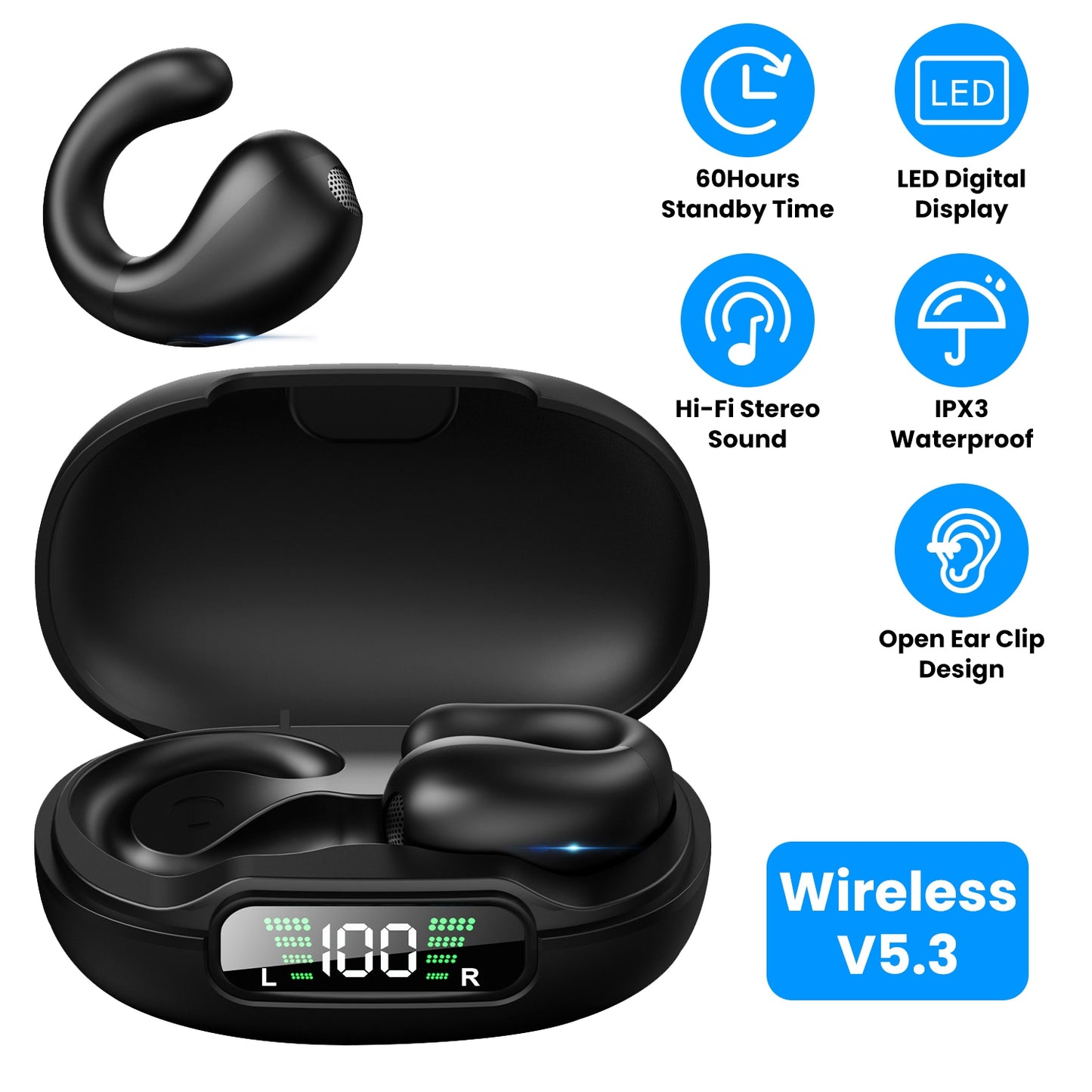 Wireless V5.3 Open Ear Clip Earbuds Over Ear Bone Headphones IPX3 Waterproof Ultra Open Earbuds with LED Display Charging Case for Driving Working Tra