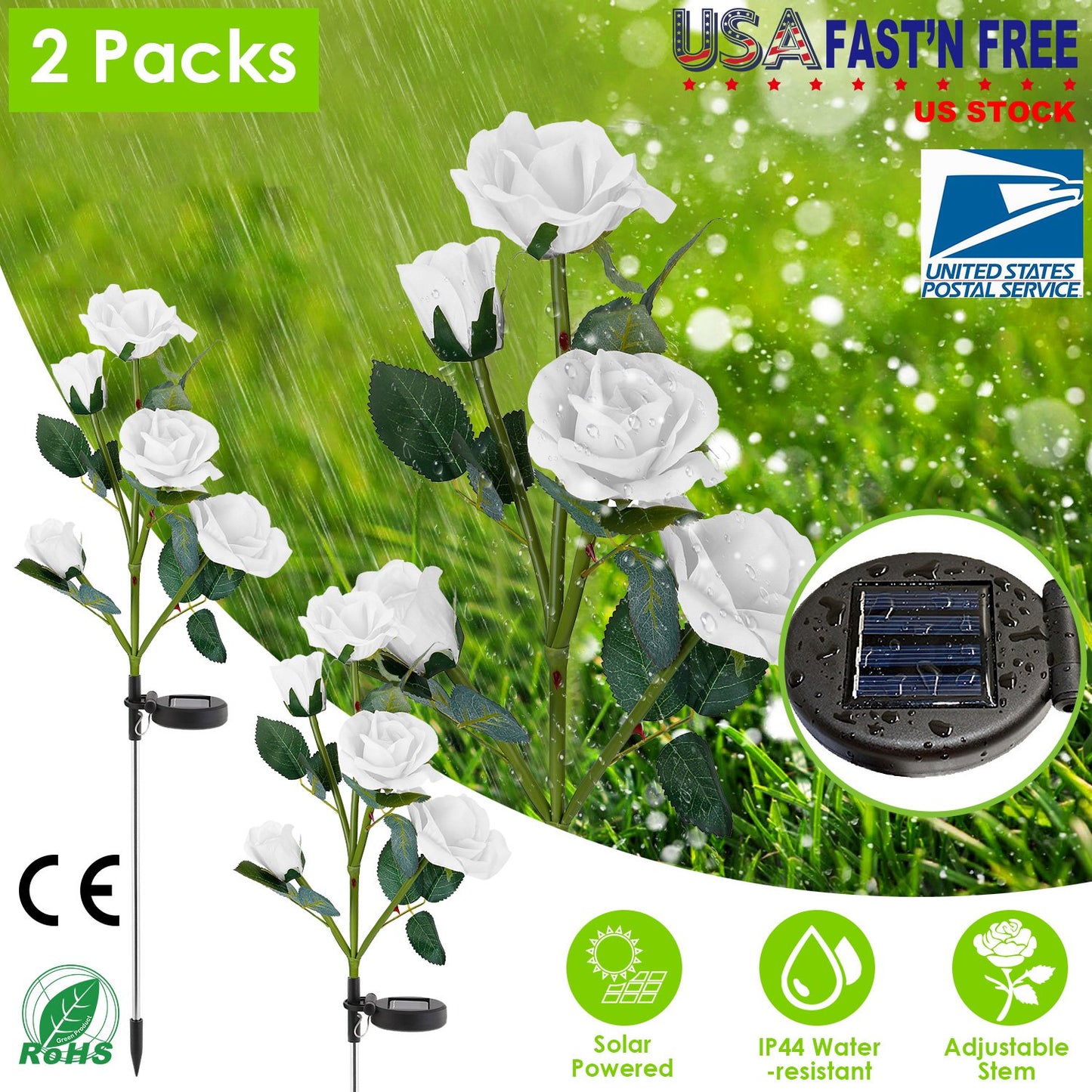 2Pcs Solar Powered Lights Outdoor Rose Flower LED Decorative Lamp Water Resistant Pathway Stake Lights For Garden Patio Yard Walkway