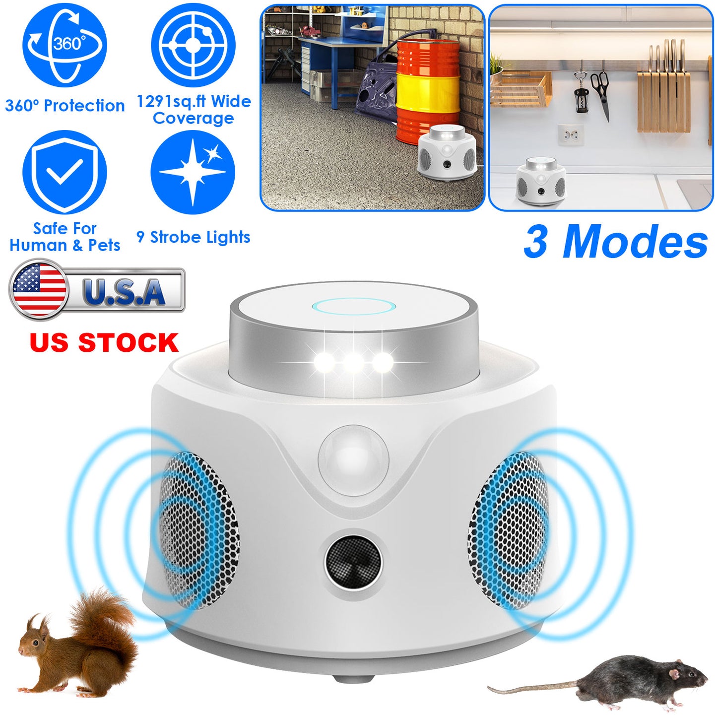 360¡ Ultrasonic Mice Repellent Indoor Rodent Repeller Mice Rat Squirrel Rodent Chaser with 3 Modes 9 Strobe Lights for Kitchen Living Room Attic Basem