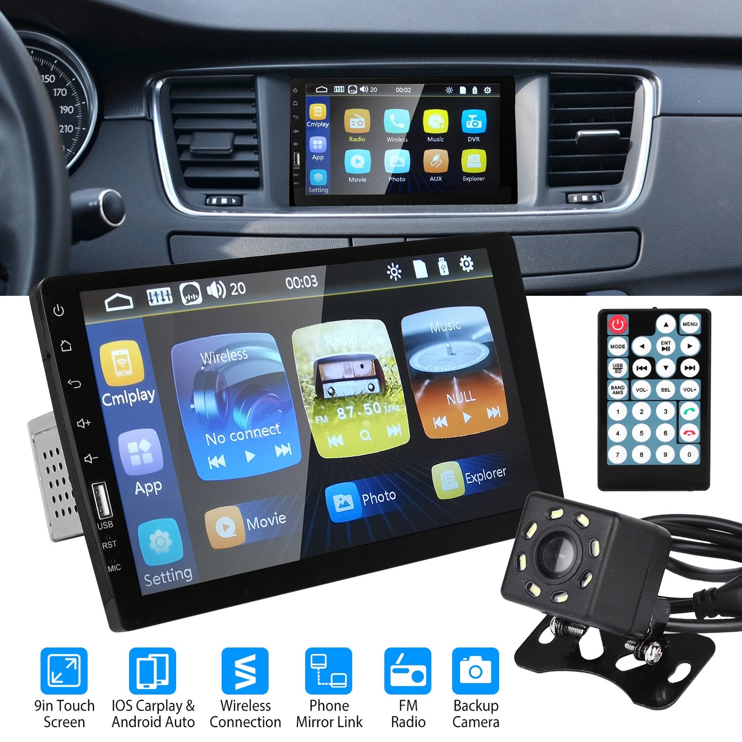 9in Car MP5 Stereo Player Touch Screen 1080P Wireless Car Radio FM USB AUX Back up Camera Mirror Link Remote Control