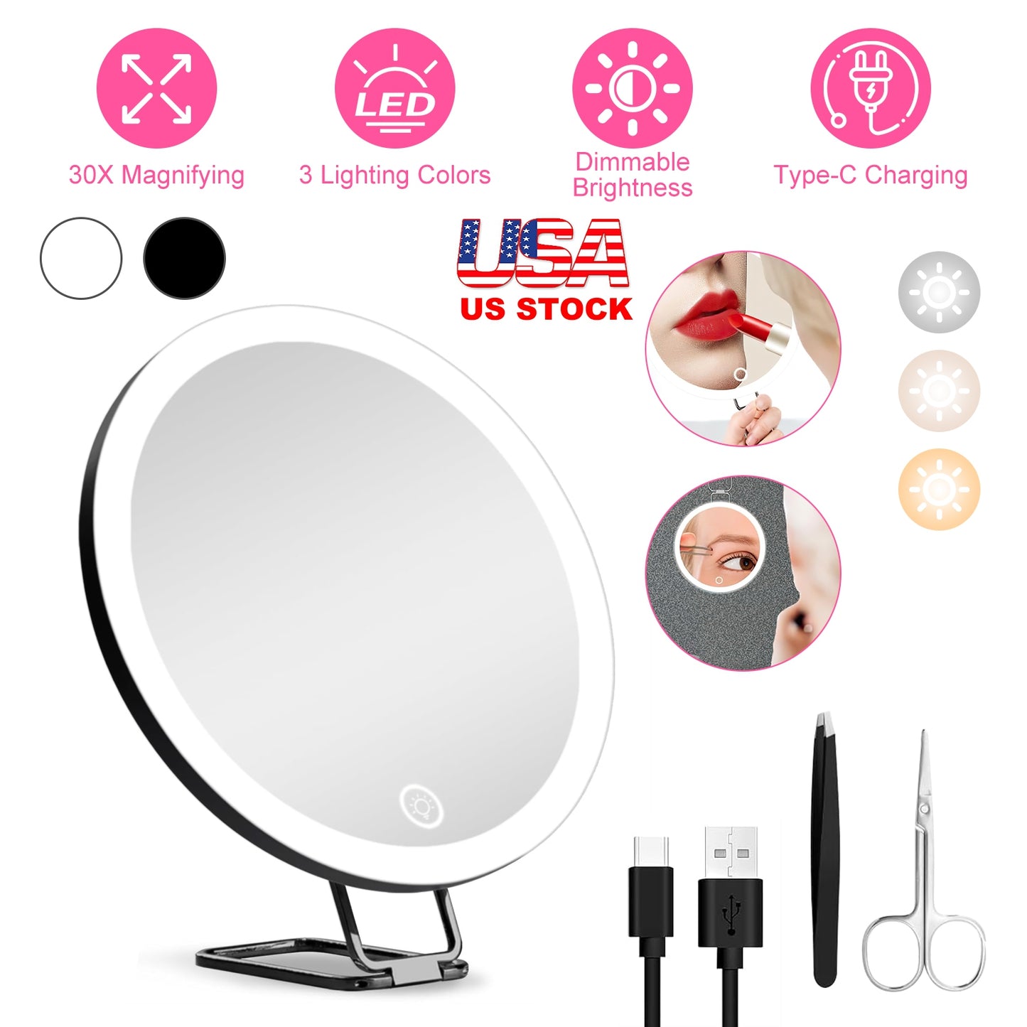 30X Magnifying Mirror With Light 3 Colors Dimmable Brightness Included Tweezer Scissor Travel Magnifying Makeup Mirror with Suction Cup 360¡ Adjusta