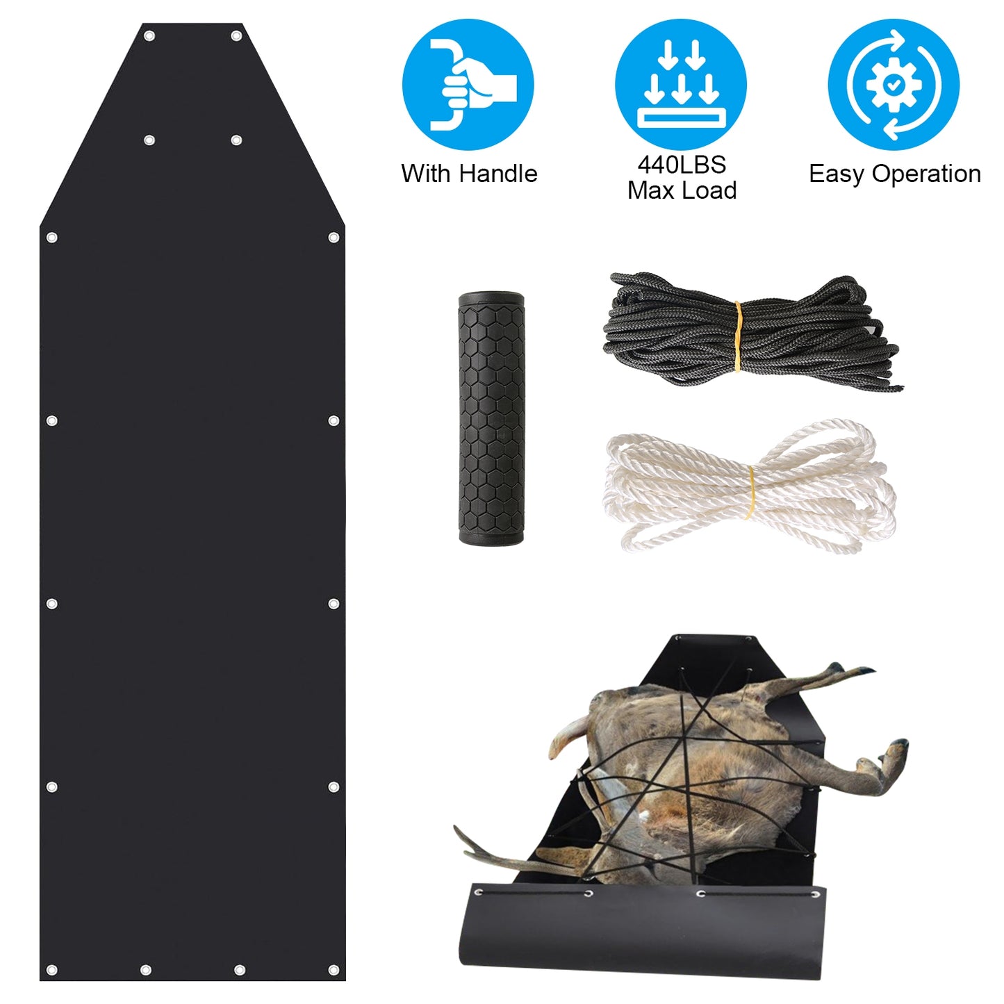 Deer Drag Sled with Handle Deer Cart Game Hauler Snow Sledding Pad Hunting Gear Supplies with 32.8FT Black Rope 16.1FT White Rope for Hunting Ice Fish
