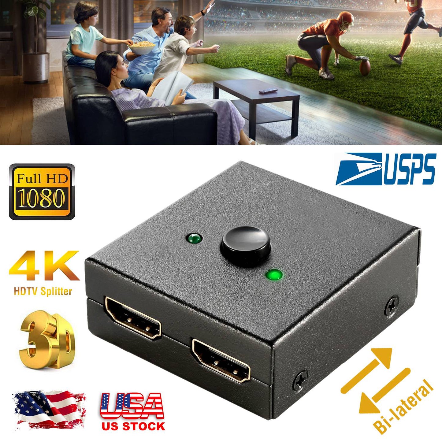 HD IN & HD OUT Bi-directional Switch Adapter 1x2 or 2x1 4K HDTV Splitter Converter Hub Manual Switcher Supports HD 3D 1080P for DVD HDTV Projector Dis