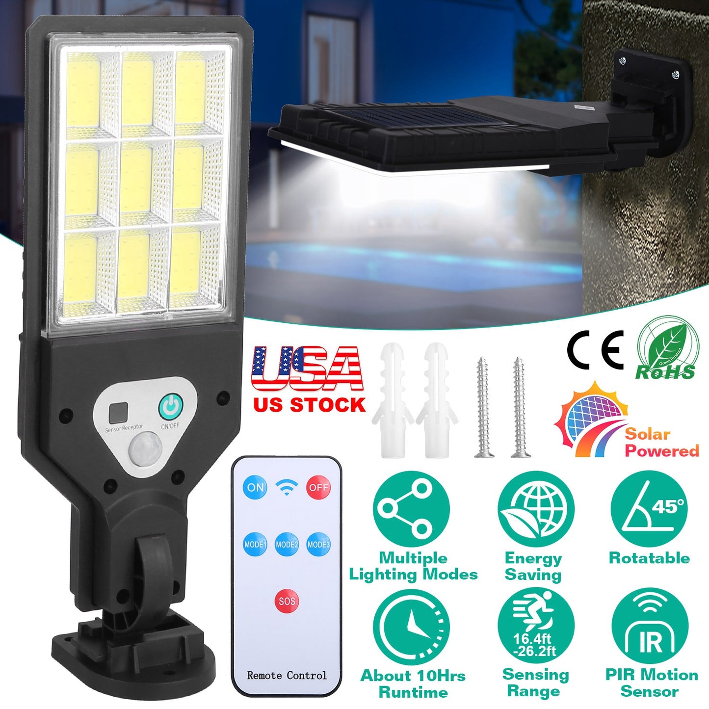 Solar Wall Light Outdoor 9 COB Beads PIR Motion Sensor Remote Control Wireless Lamps IP45 Waterproof Lighting for Garage Front Door Garden Pathway