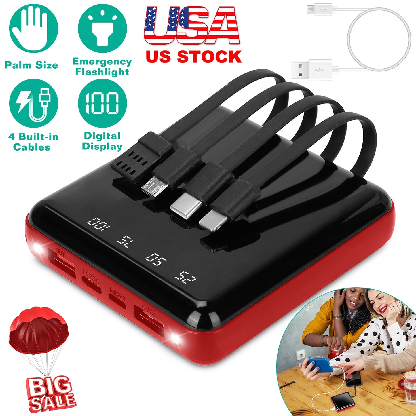 10000mAh Portable Charger Power Bank External Battery Pack w/ 4 Built-in Cables w/ LED Flashlight