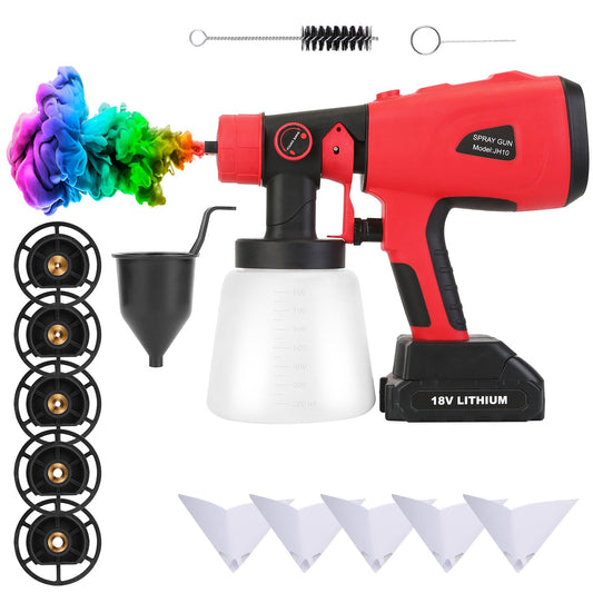 Portable Battery Powered ElectricÊPaint SprayerÊHVLP Spray Painting Gun Handheld Painter with 2 Spray Patterns 5 Nozzles 800ML Detachable Cup Flow Adj
