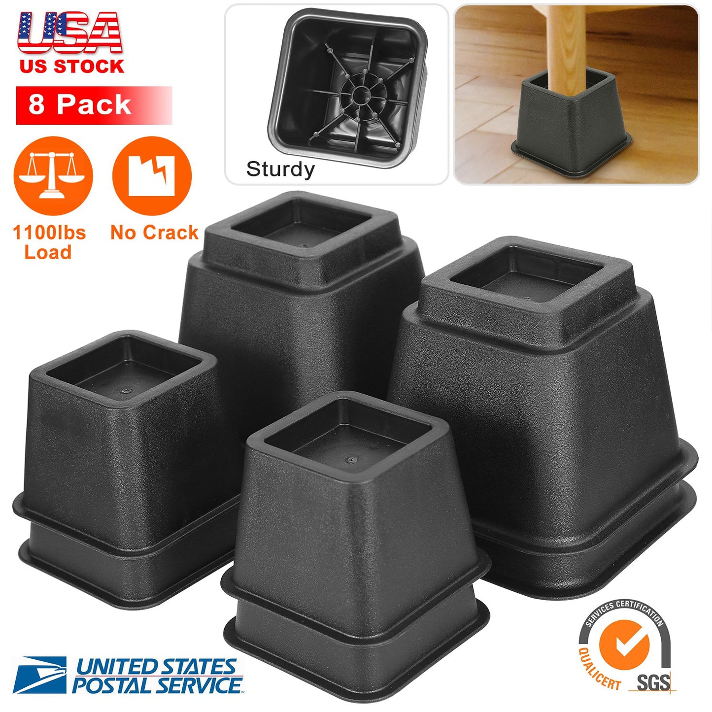 8Pcs Furniture Risers 500kg 1100lbs Capacity Bed Lifters Adjustable Couch Table Chair Risers