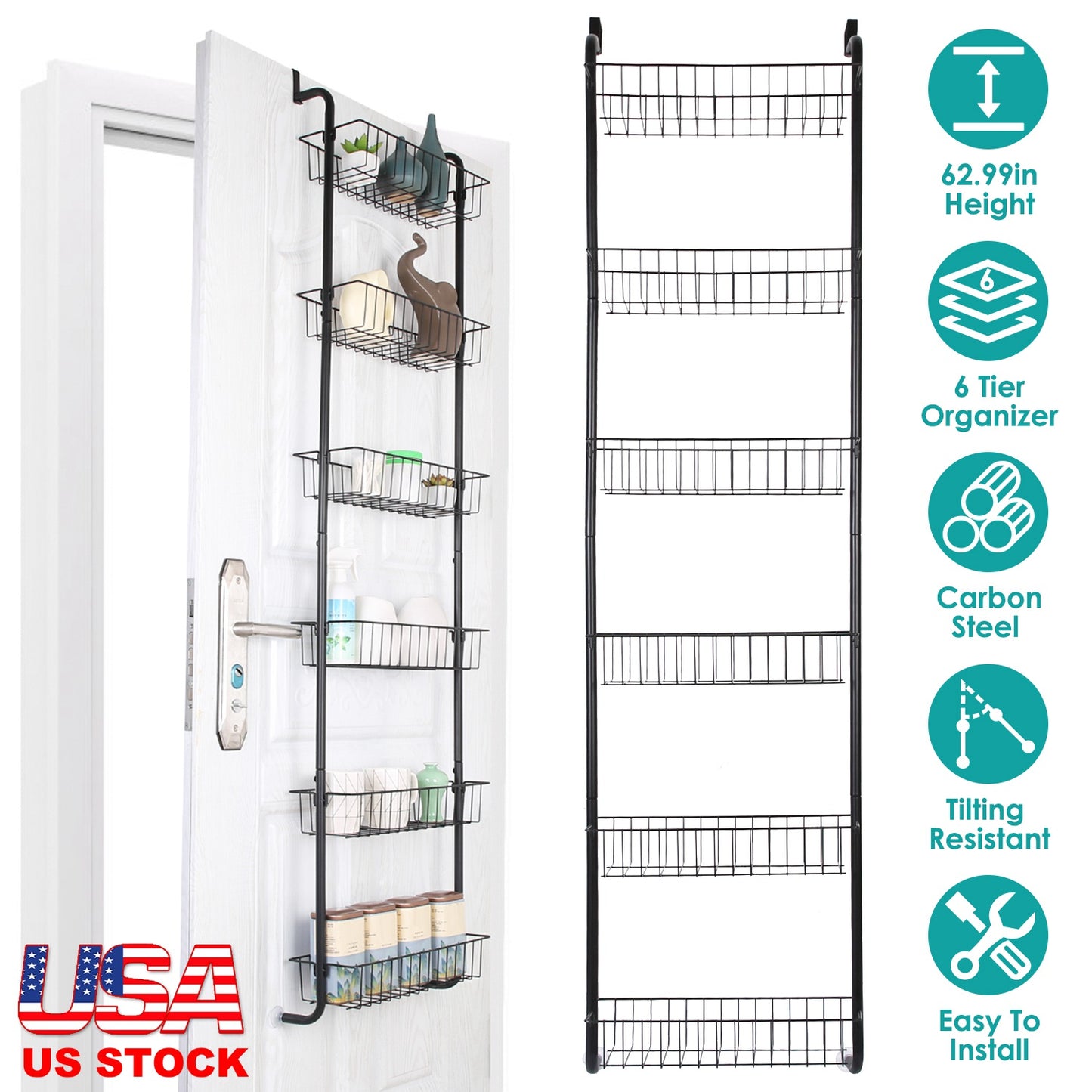 6 Tier Over Door Pantry Organizer Hanging Hooks Door Storage Rack Carbon Steel Basket 62.99in Over Door Shelf for Kitchen Bathroom