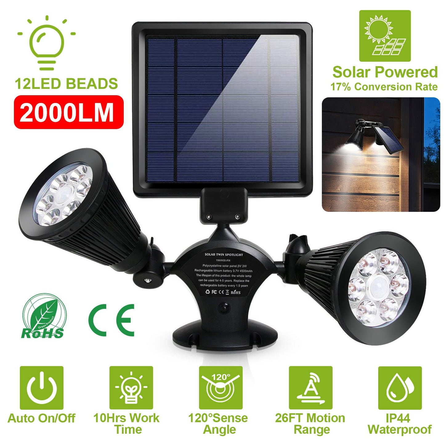 Solar Lights Outdoor Solar Power Motion Sensor Spotlights 2000lm Security Lights w/ Dual Head 360¡ Rotatable IP44 Wall Lights Garden Garage Driveway