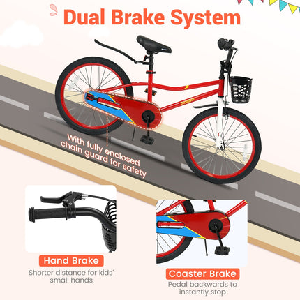 20 Inch Kids Bike Adjustable with Kickstand and Storage Basket for Aged 8+ Years