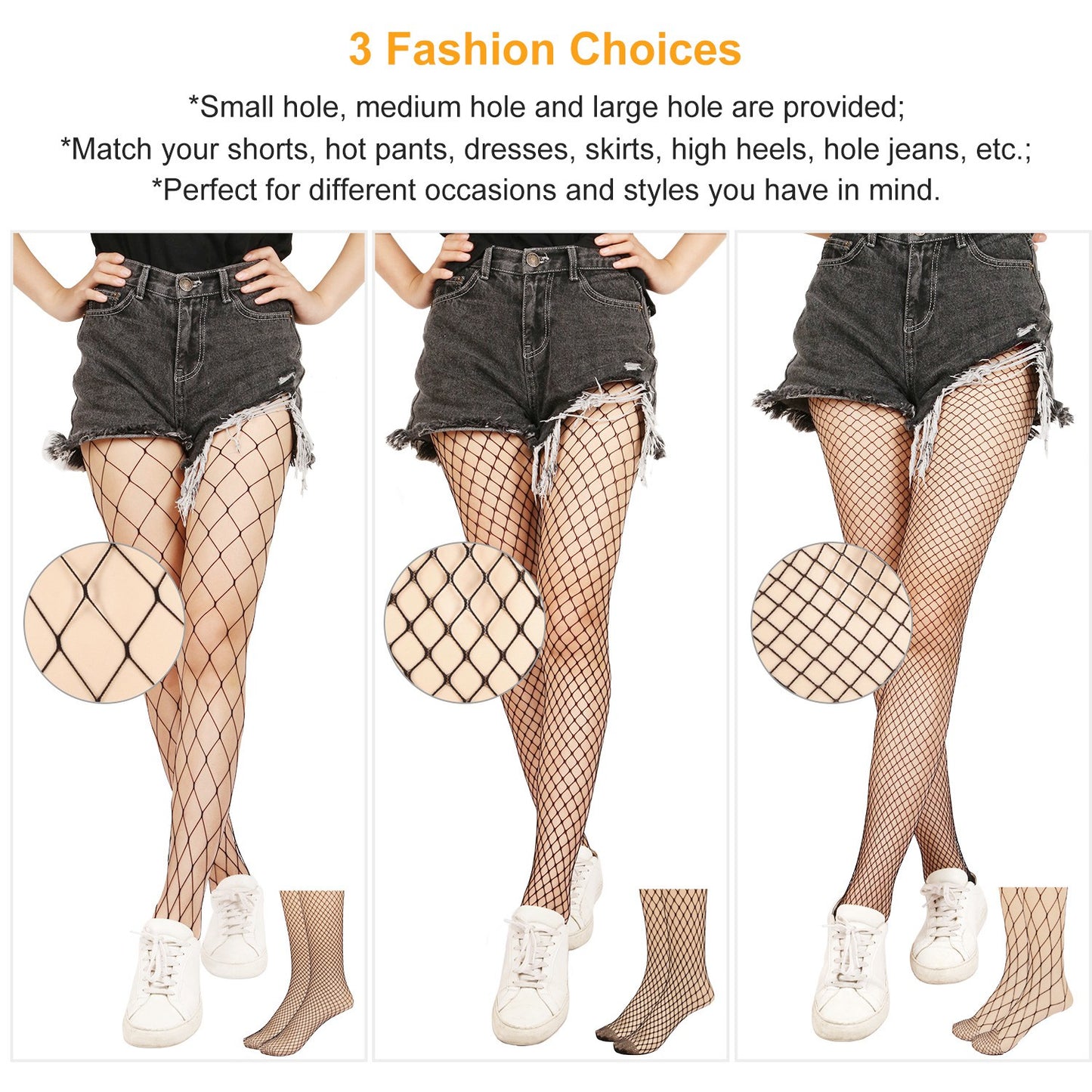 Women Fishnet Tights Sexy High Waist Fishnet Pantyhose Stretchy Mesh Hollow Out Tights Stockings w/ Small Medium Large Hole Choices