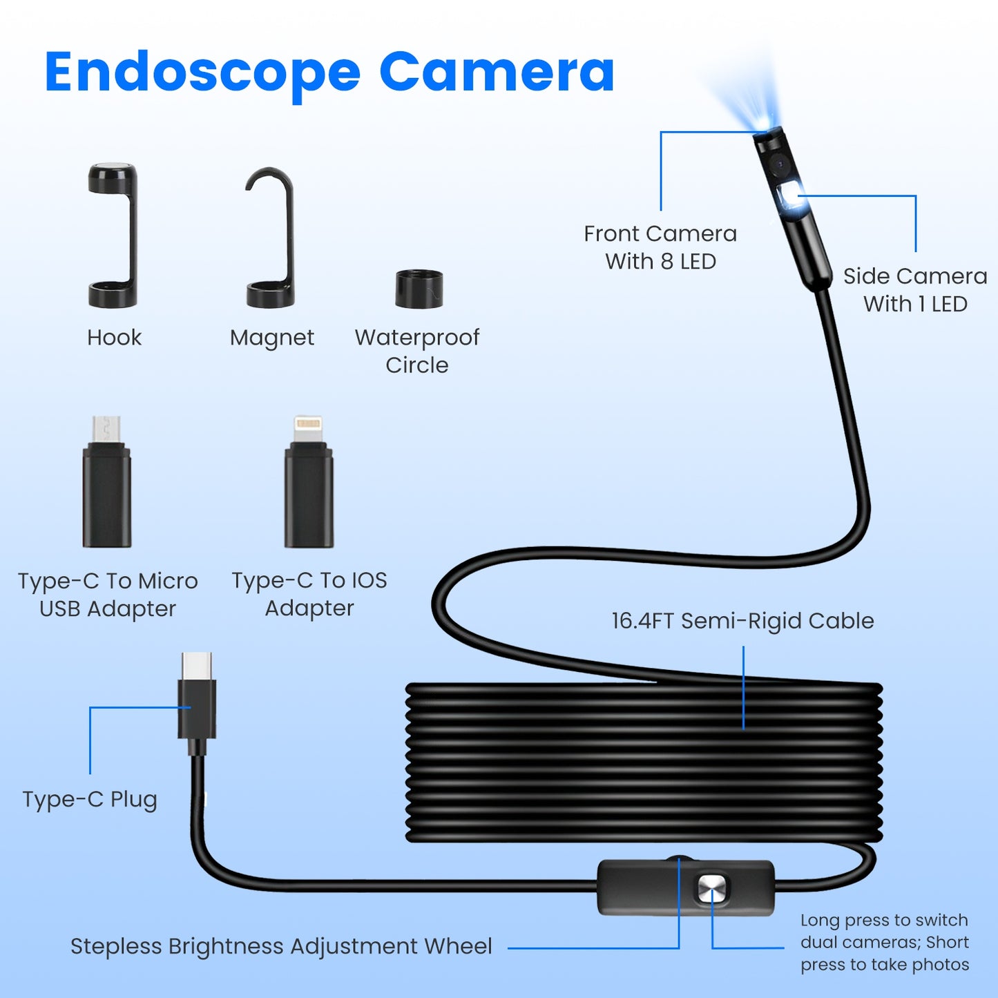 1920P HD Endoscope Camera – IP67, Dual Lens, 16.4ft Snake Cable, LED, App Control