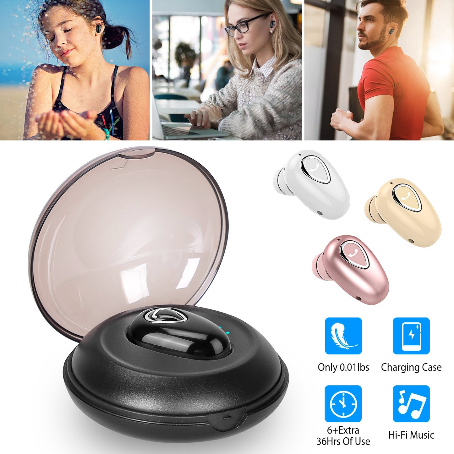 IPX5 Waterproof Unilateral Wireless Earbud Mini In-Ear Headset Rechargeable with Built-in Mic Charging Case Sweat Resistant Earphone
