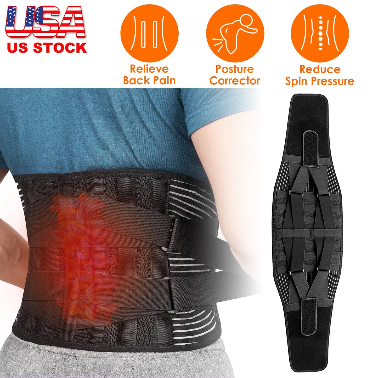 Back Support Brace Breathable Mesh Lumbar Support BeltÊAdjustable Lower Back Brace with Stays and Springs for Pain Relief for Men Women
