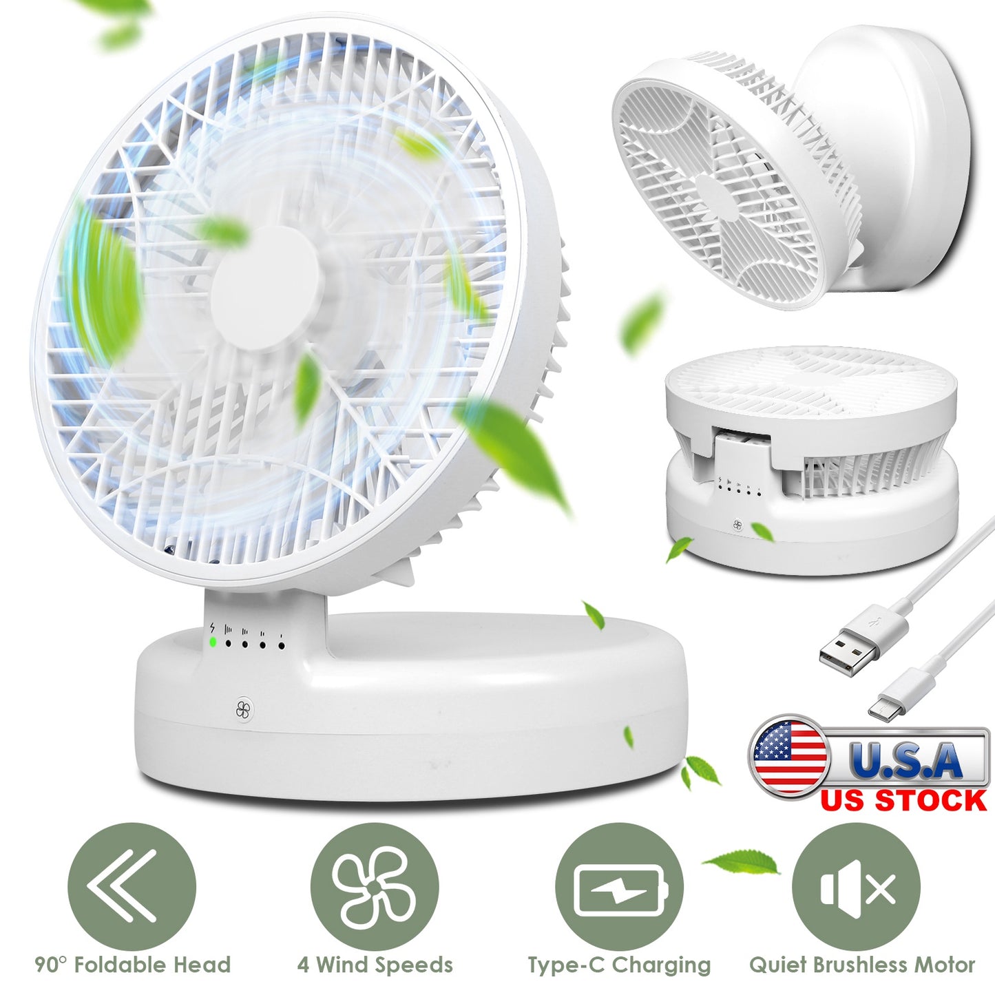 Quiet Table Fan 90¡ Foldable Desk Fan with 4 Wind Speeds Type-C Rechargeable Wall-Mounted Fan Portable Desktop Fan for Home Bedroom Kitchen Office Out