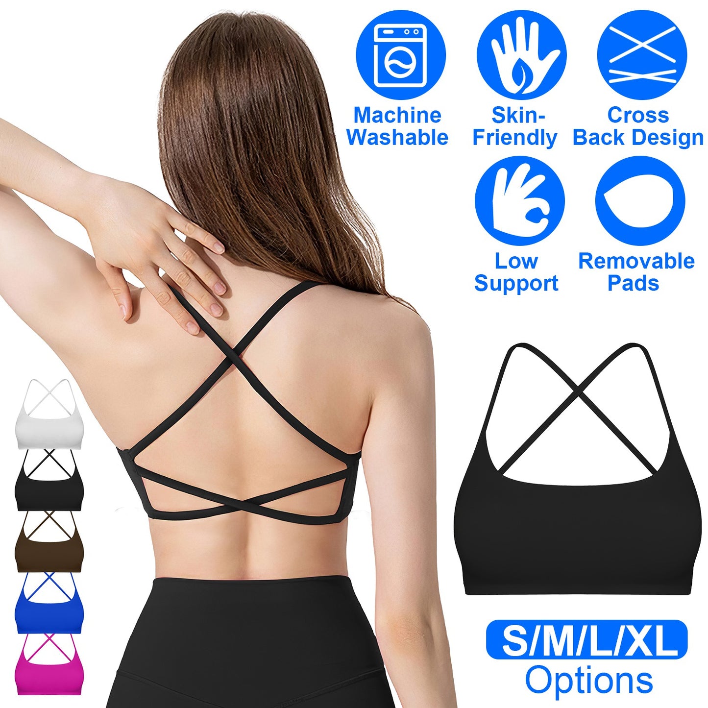 Women Cross Back Sport Bras Padded StrappyÊCrop Open Back Low Impact Bras SexyÊFitnessÊTank Tops with Removable Pads Thin Straps for Gym Yoga Workout