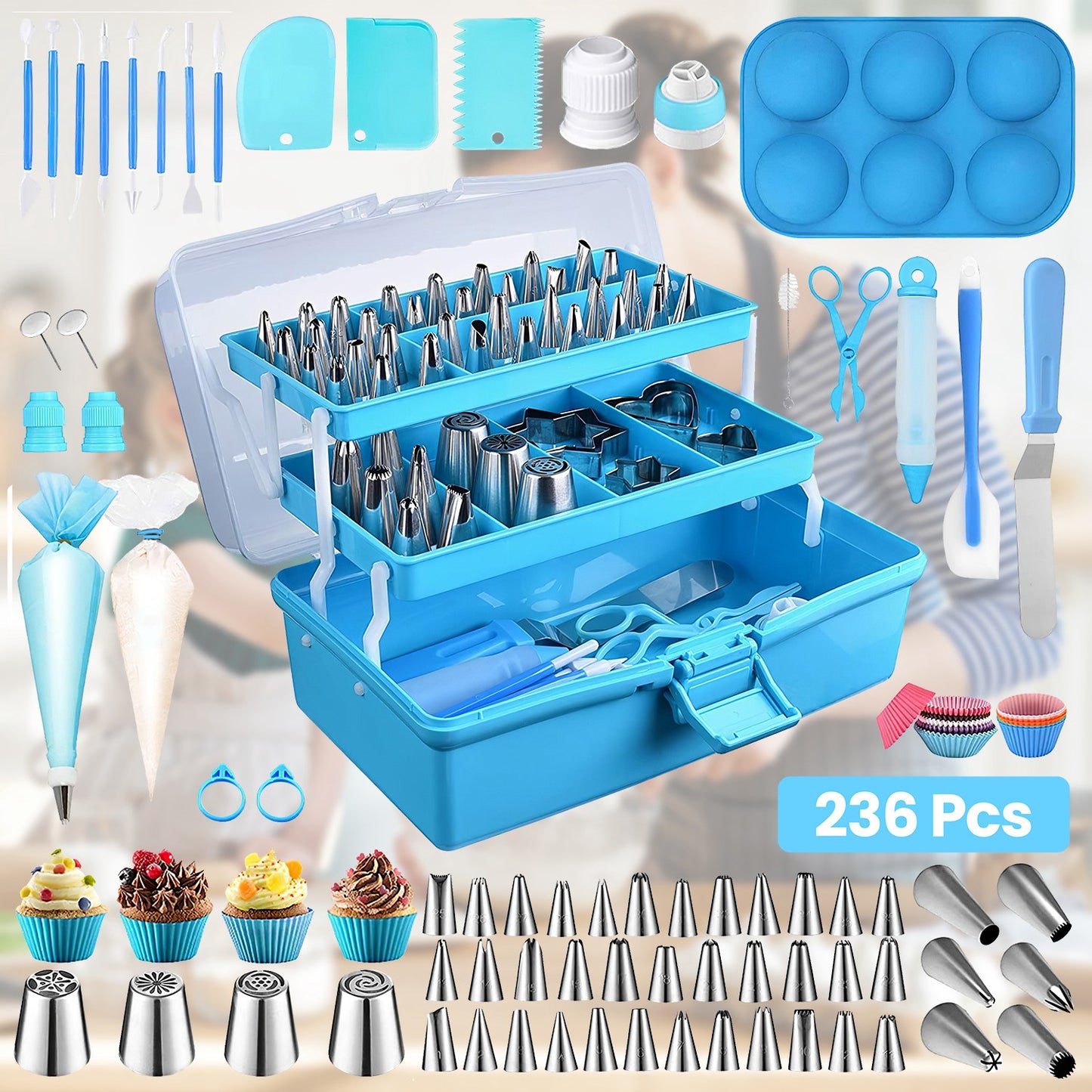 236Pcs Cake Decorating Kit Baking Tools Accessories Cake Decorating Supplies with Piping Tips Couplers and Bags Cookie Cutters Baking Cups Scrapers Fl