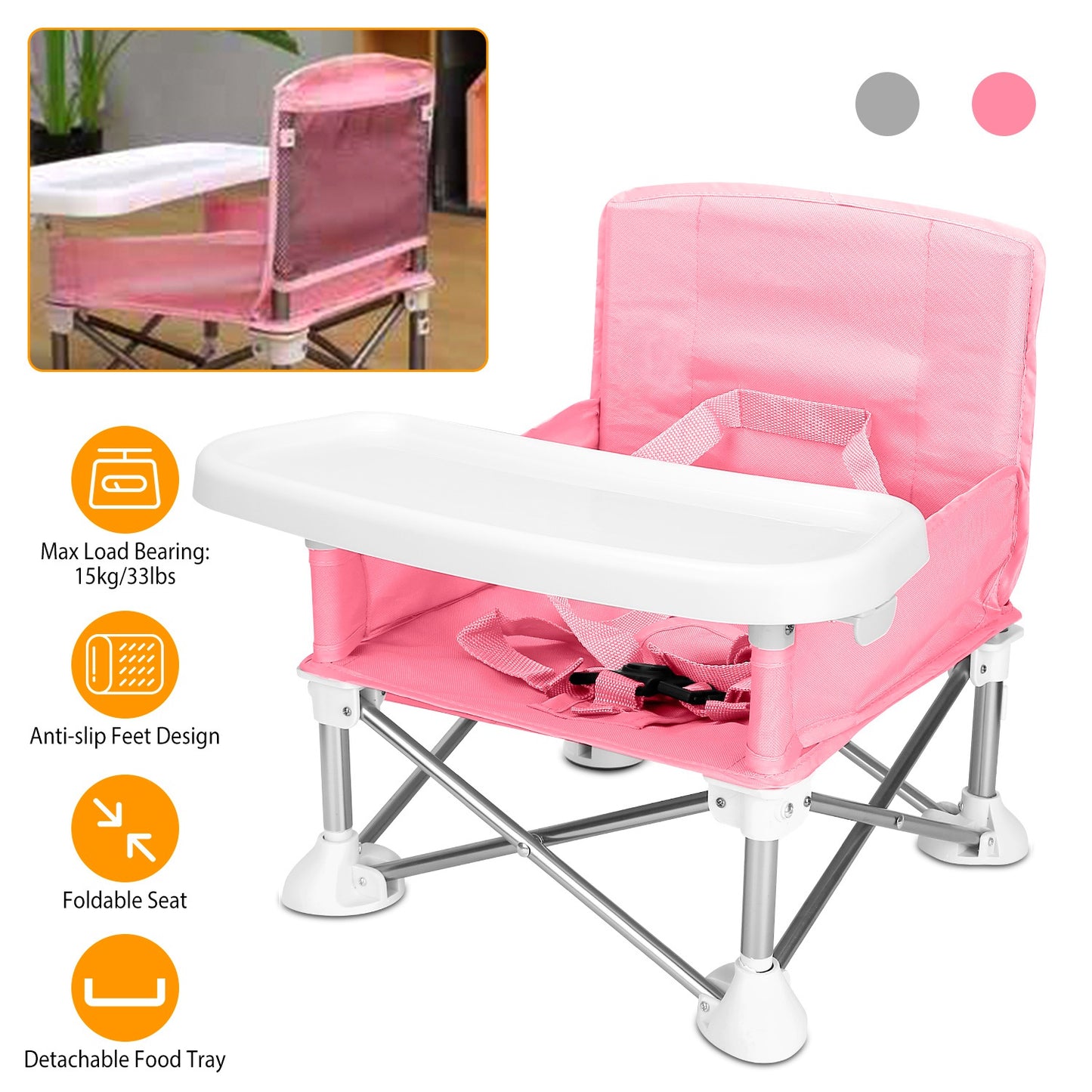 Travel Booster Seat Portable Baby Booster Chair w/ Detachable Tray Foldable Baby Chair Seat For Dining Camping Park Beach w/ Carry Bag