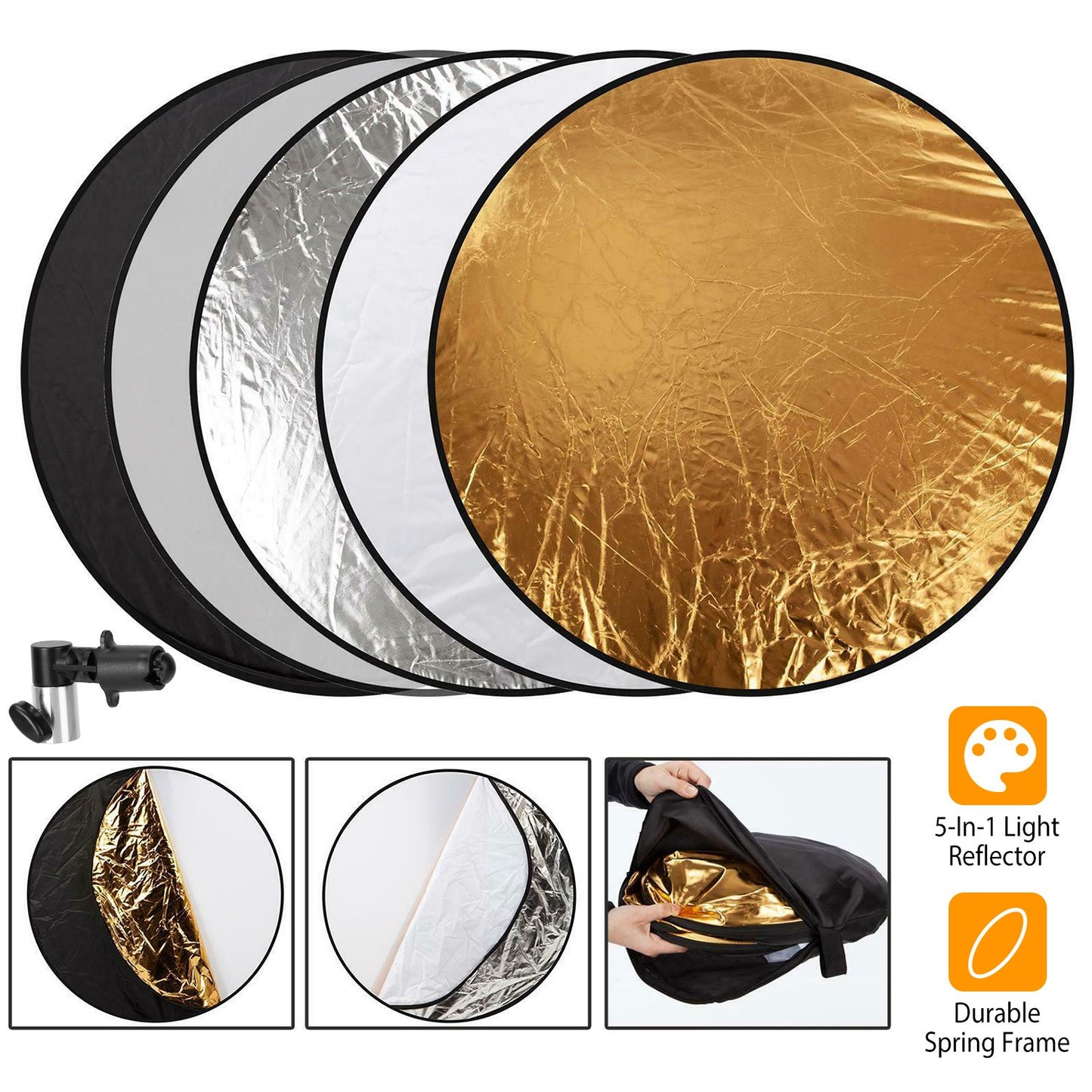 42.5In 5 In 1 Photography Round Light Reflector Collapsible Multi Disc Light Diffuser w/ Storage Bag Translucent Silver Gold White Black 5 Colors Refl