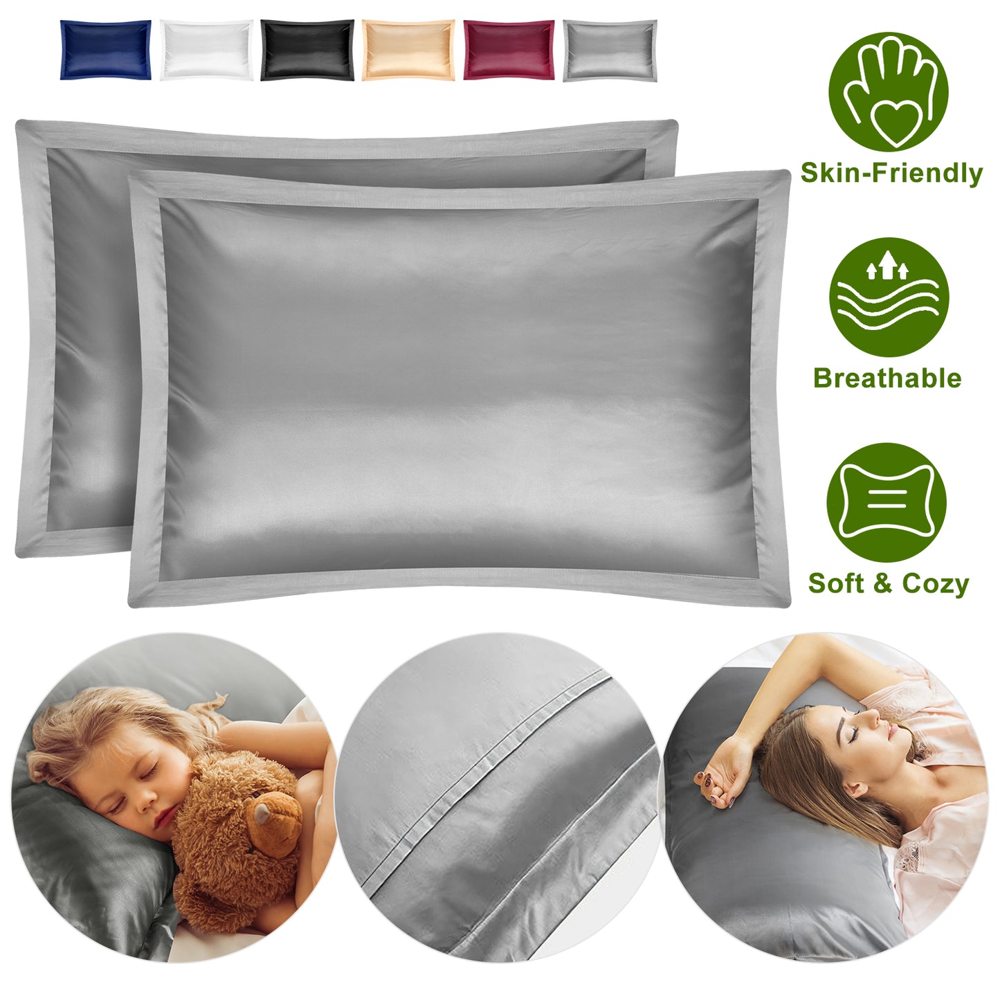 2 Pack Soft Silky Satin Pillow Case Hypoallergenic Breathable Bed Pillow Cover Queen Size Pillowcase Great for Hair Skin