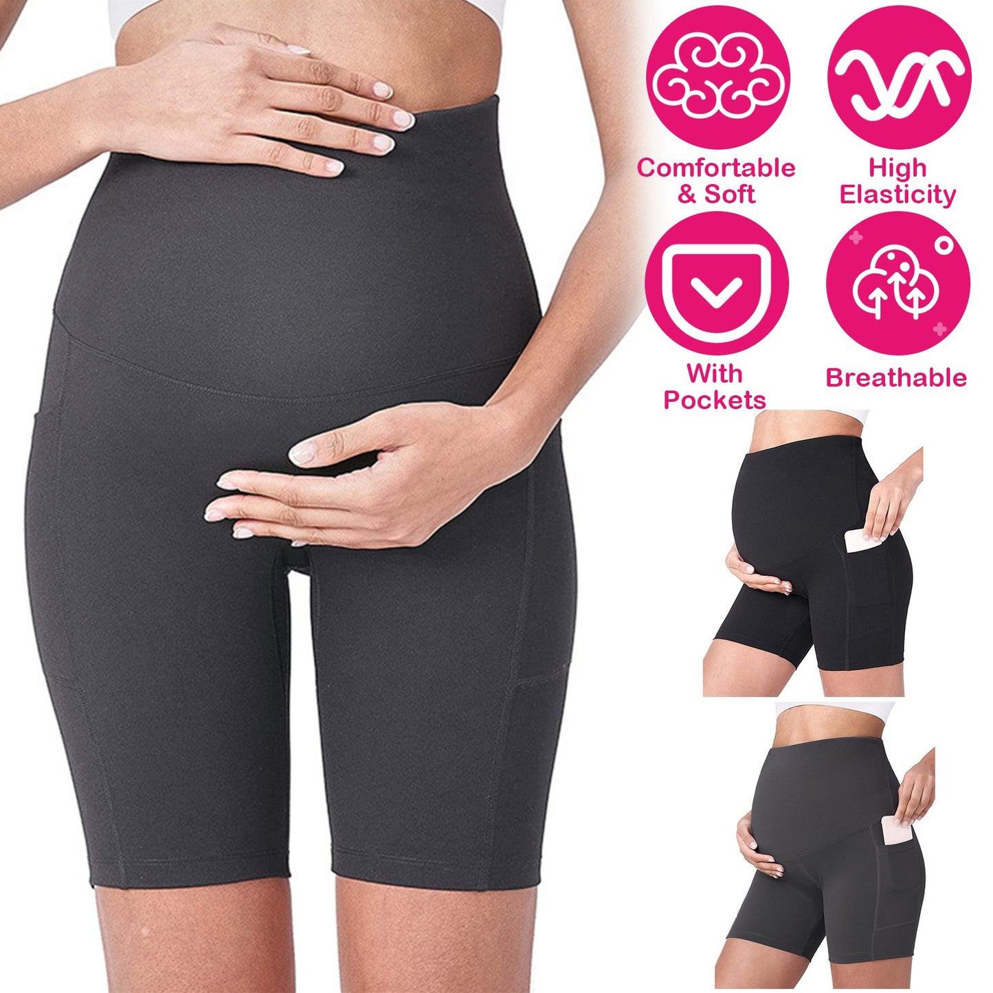 Women Maternity Shorts Seamless Pregnancy Underwear Shapewear Fitness Yoga Running Shorts High Waist Over The Belly Pants with Two Side Pockets