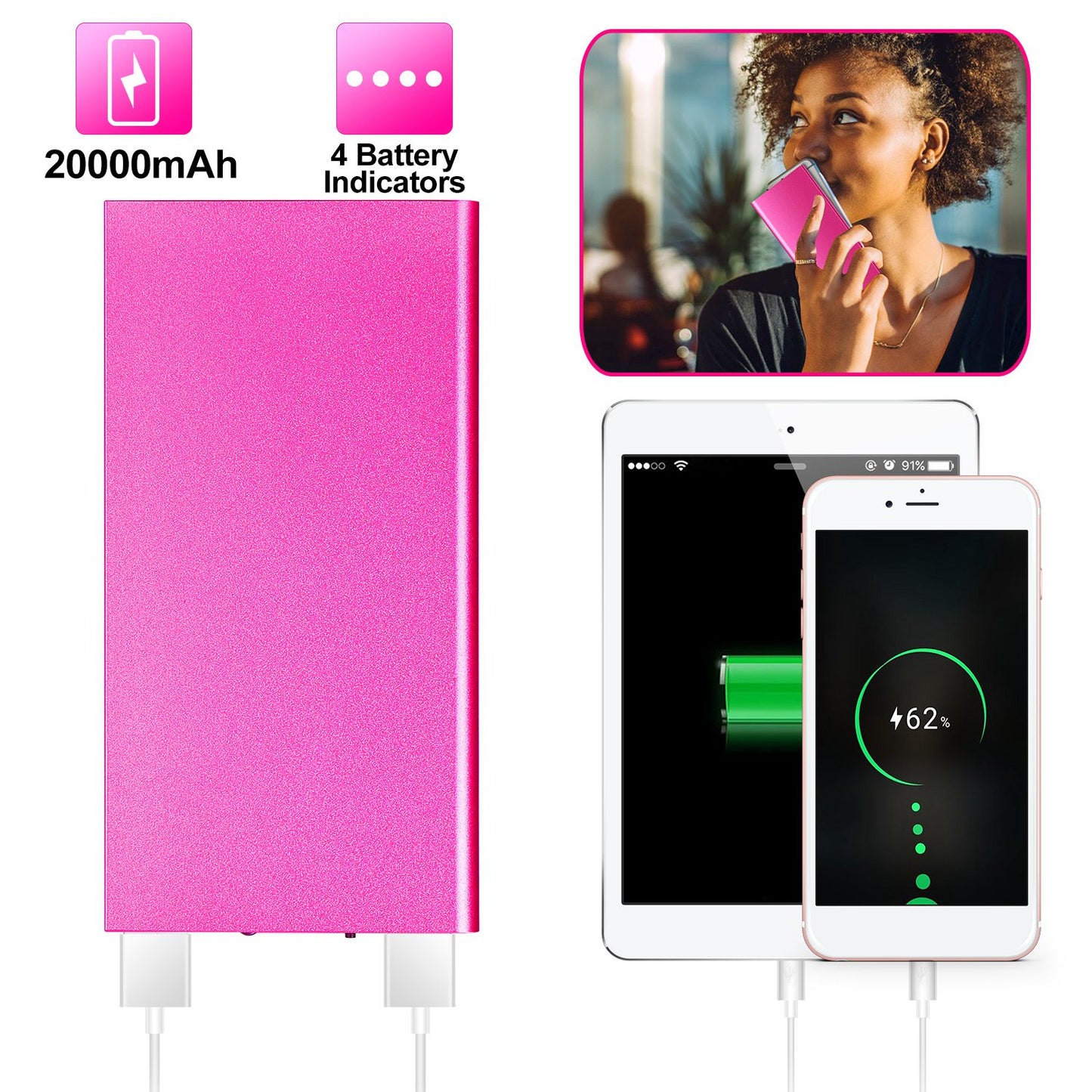 20000mAh Power Bank Ultra-thin External Battery Pack Phone Charger Dual USB Ports