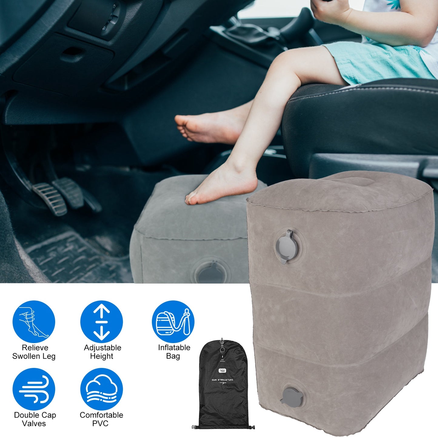 Inflatable Foot Rest with Air Bag 3 Adjustable Height Travel Foot Pillow Kids Airplane Bed Relieve Leg Feet Pain Leg Rest Stool For Train Car Airplane