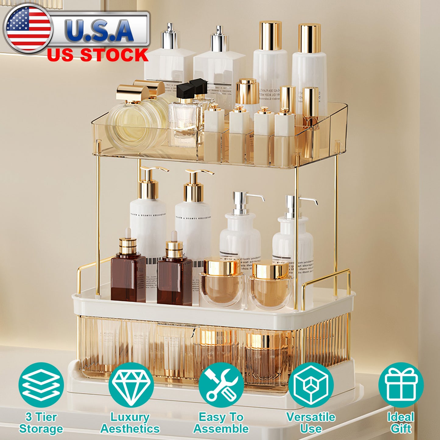 3 Tier Makeup Organizer for Vanity Large Capacity Skincare Shelf Bathroom Countertop Organizer with Drawer for Lipsticks Lotion Toner Perfumer Masks