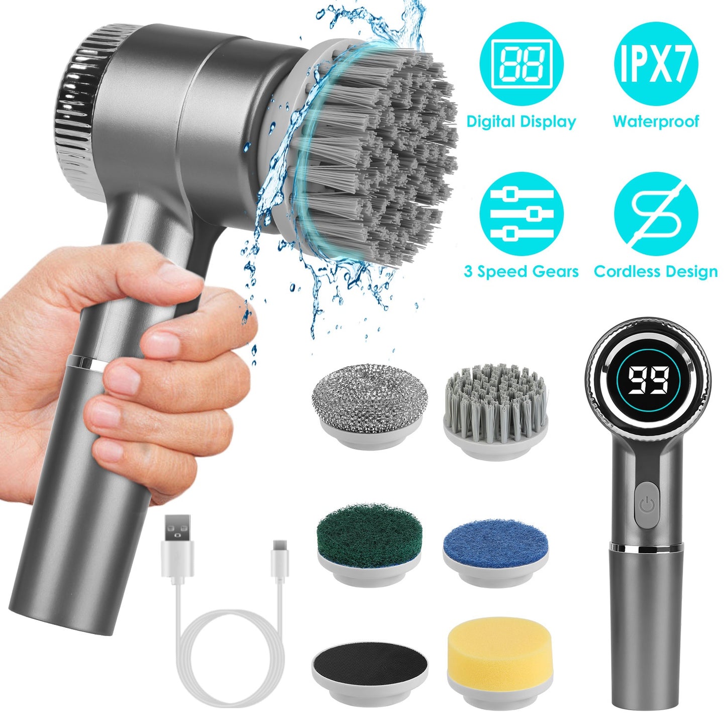 Electric Spin Scrubber Cordless Handheld Rechargeable Cleaning Brush With 5 Replaceable Heads IPX7 Waterproof 3 Speeds Handheld Spin Scrubber For Tub