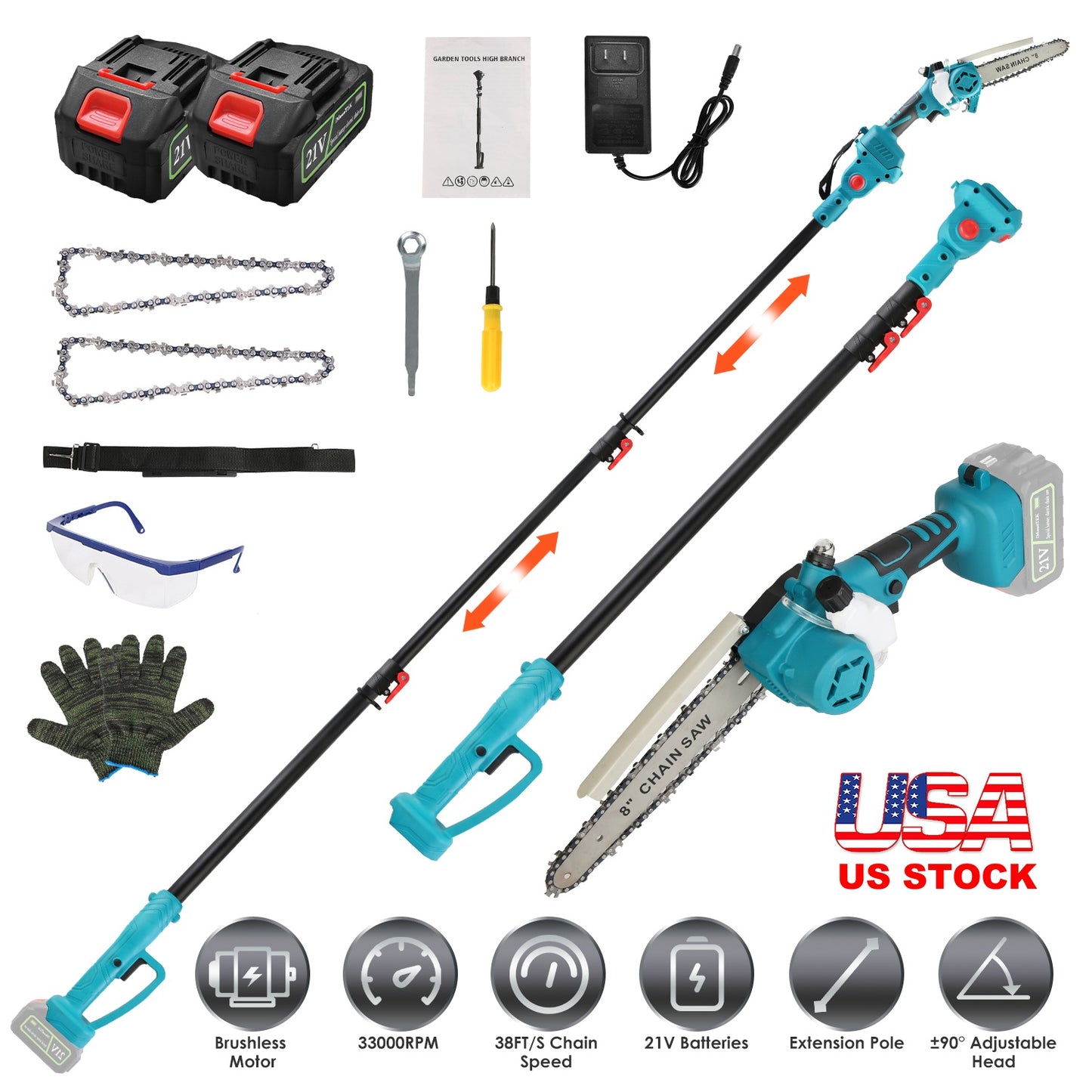 2-IN-1 Cordless Pole Saw And Mini Chainsaw With Extension Pole 21V Battery 8Ó Electric Brushless Pole Chainsaw with Auto Oiler Safety Switch 6.4LBS Li