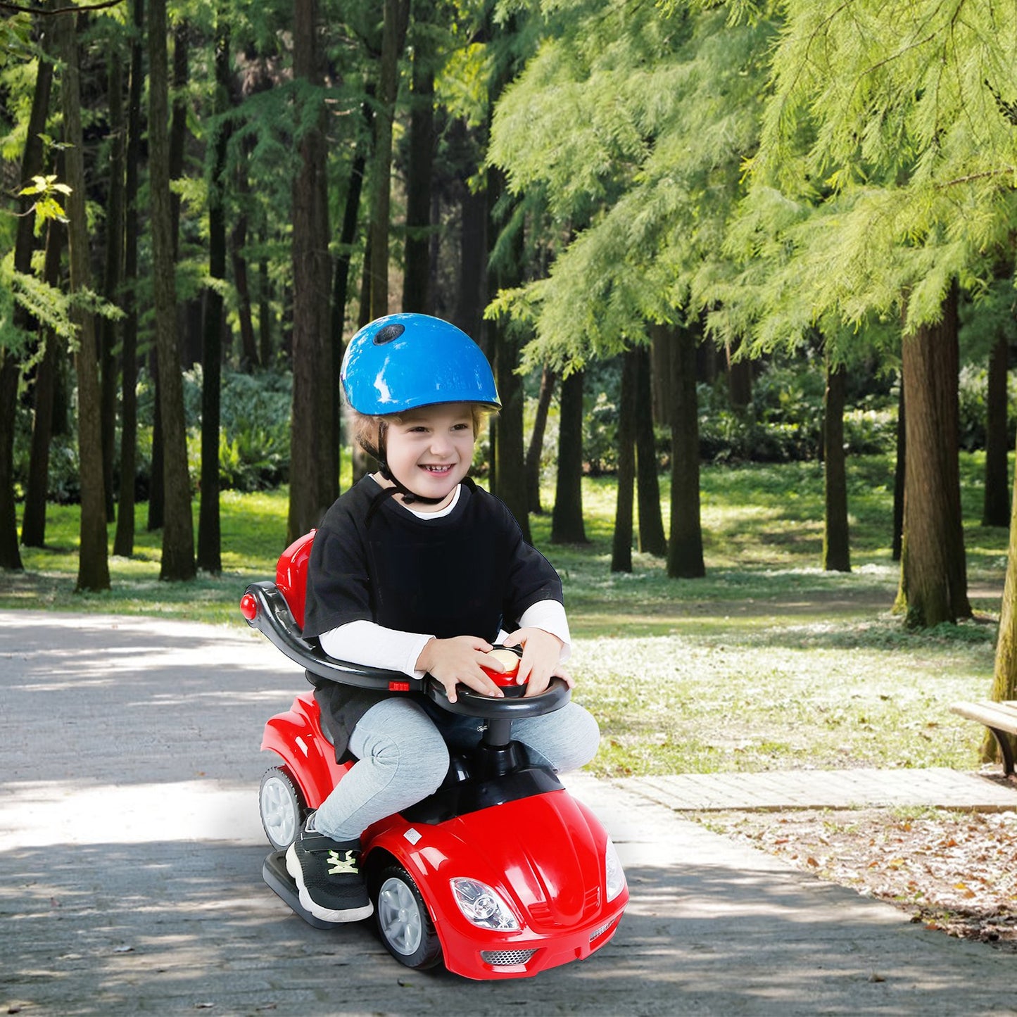 Ride on Push Car 4-Wheel Children Sliding Push Car W/ Colorful Flashing Light Music Handrail Guardrail Push Rod