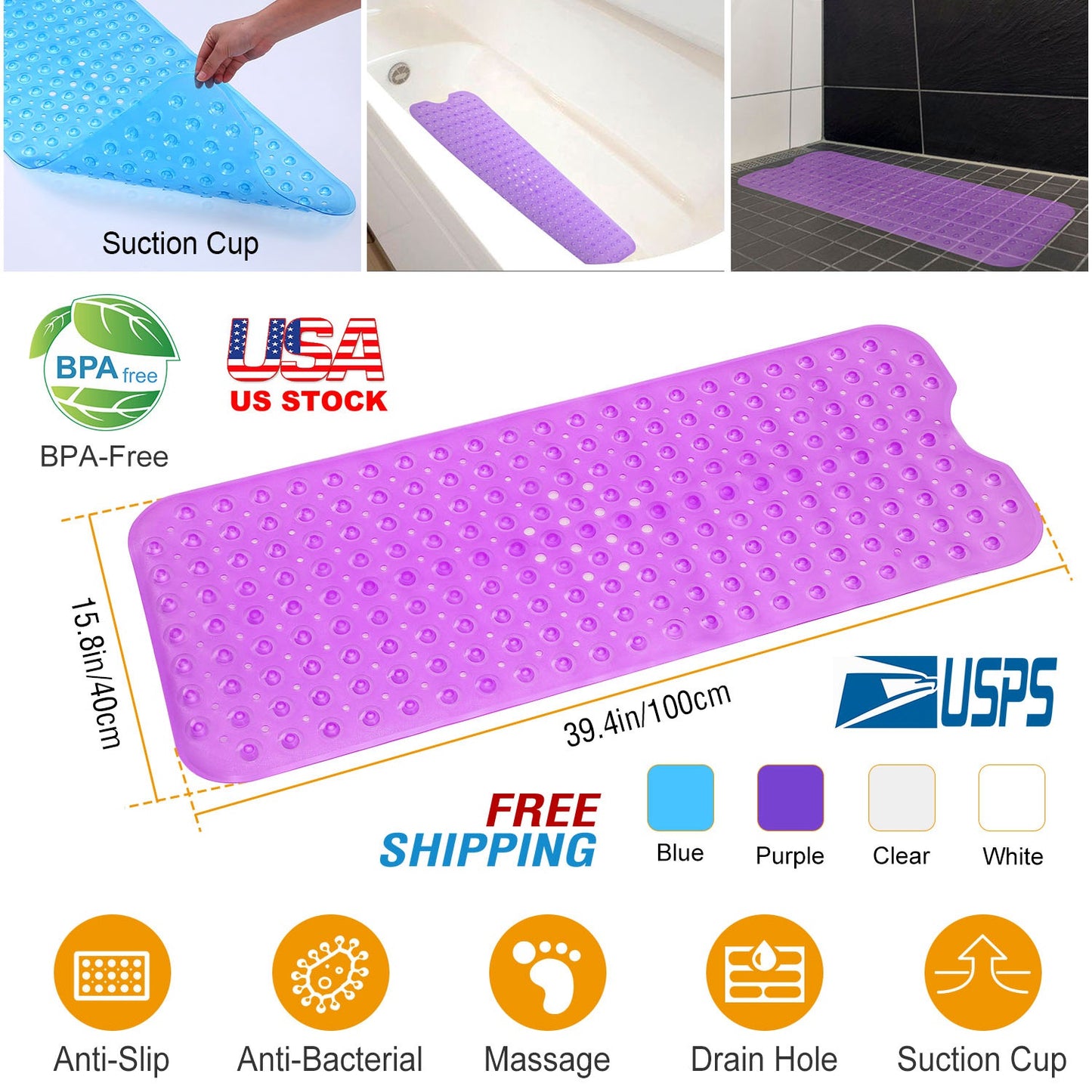 Bath Tub Mat Non-Slip Shower Mat BPA-Free Massage Anti-Bacterial with Suction Cups Washable for Bathroom Kitchen Pool