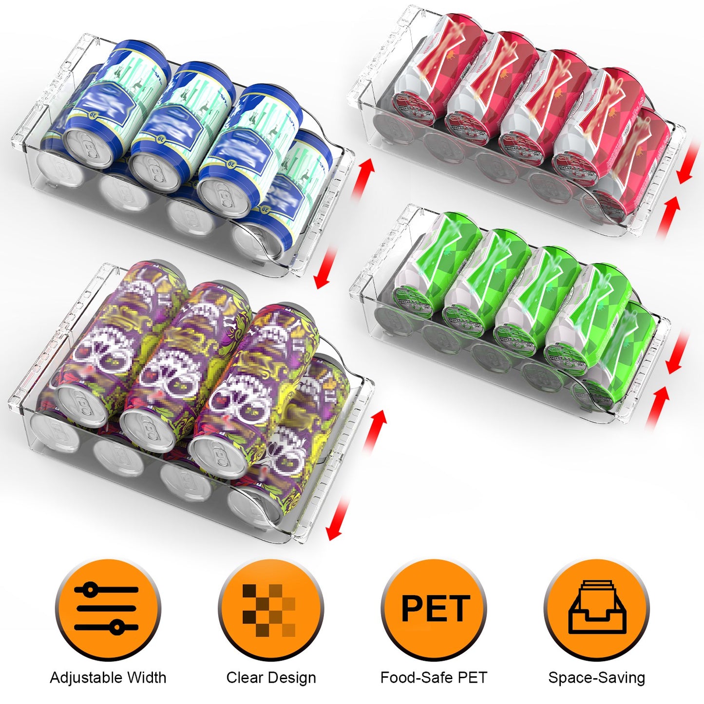 4Pcs Soda Can Organizers for Refrigerator Width Adjustable Clear Drink Organizer Expandable Can Holder Dispenser for Fridge Pantry Freezer
